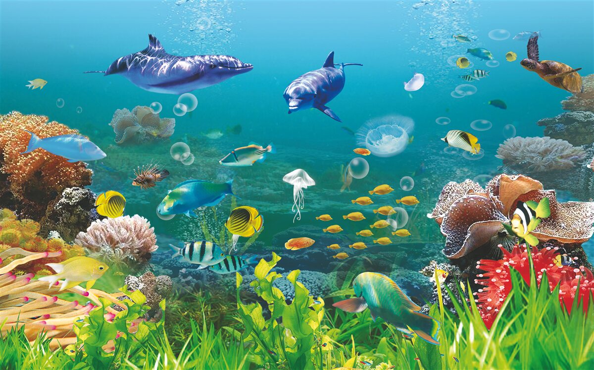 Fototapet locuitori ai mării pe un fund verzui