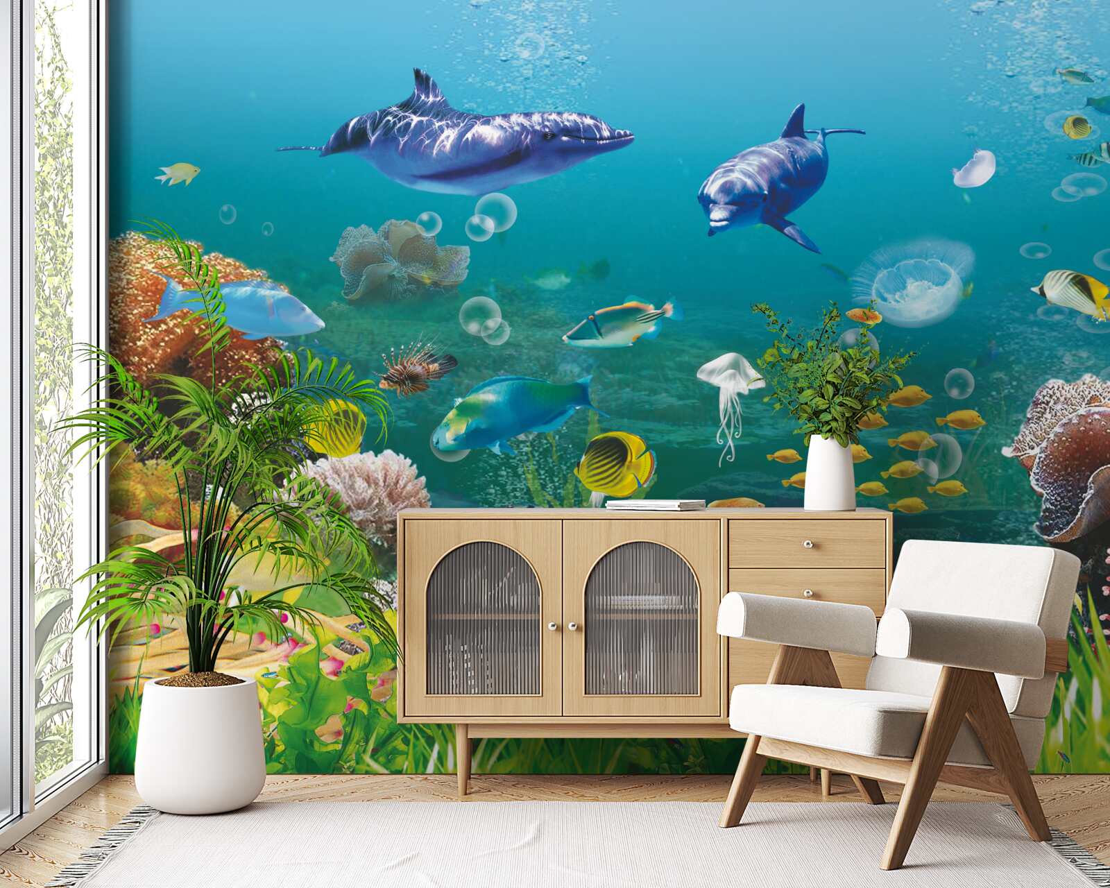 Fototapet locuitori ai mării pe un fund verzui