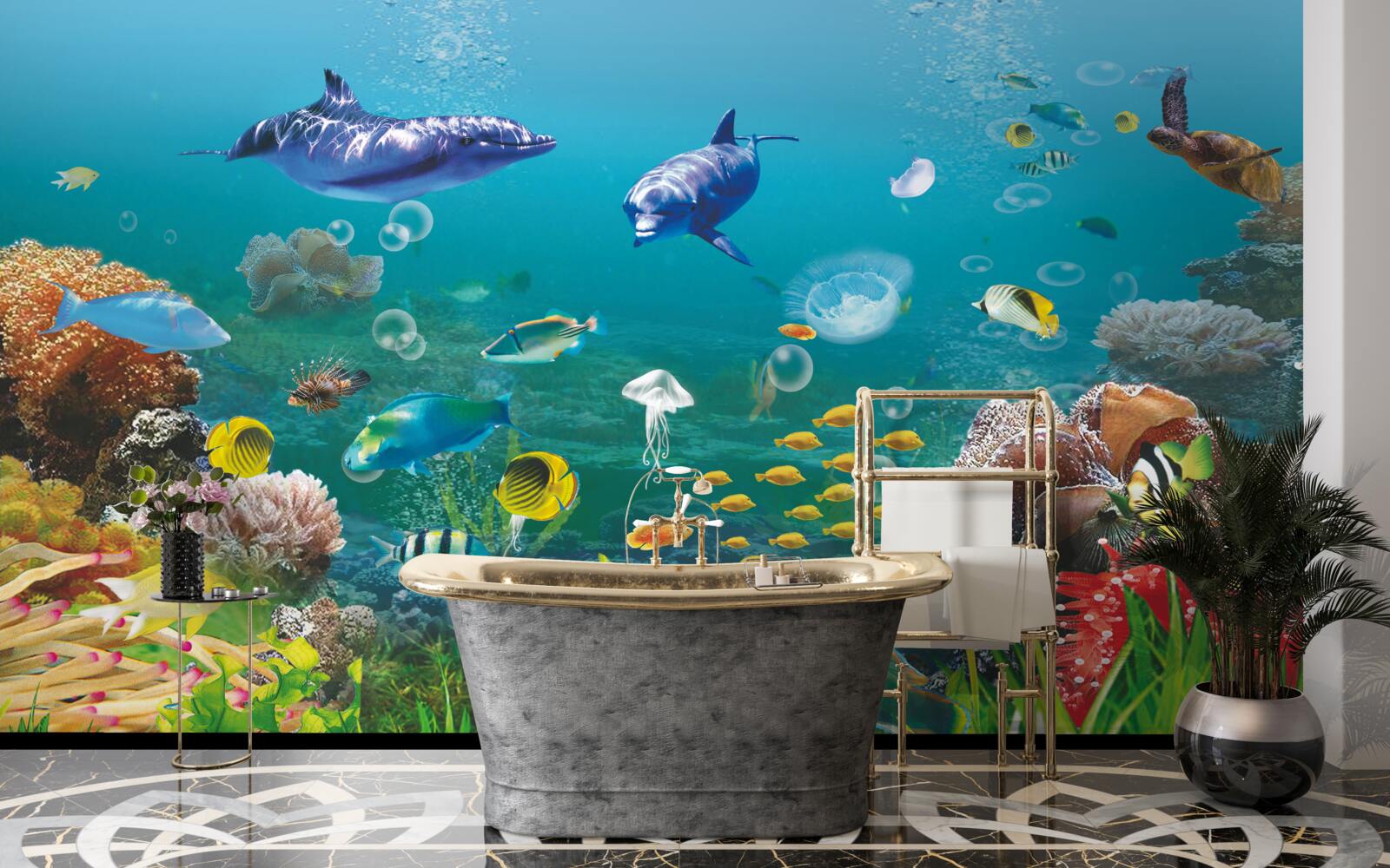 Fototapet locuitori ai mării pe un fund verzui