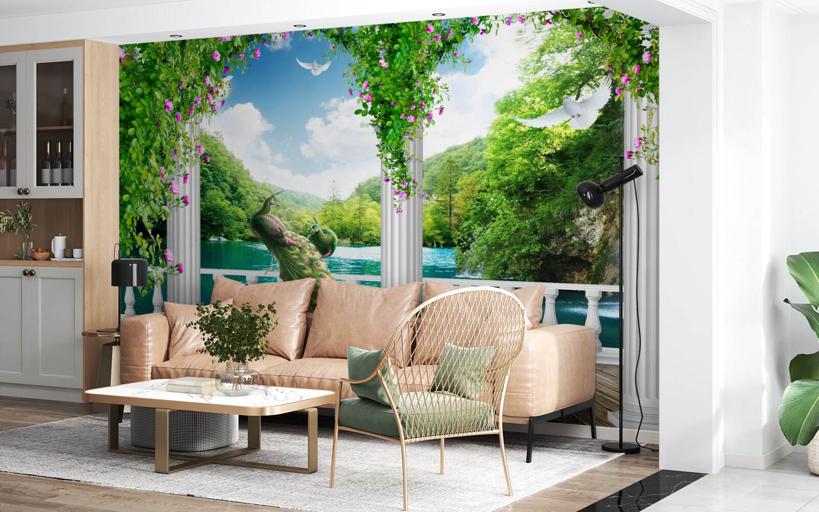 Fototapet colonada de lângă lac, acoperită cu tufișuri