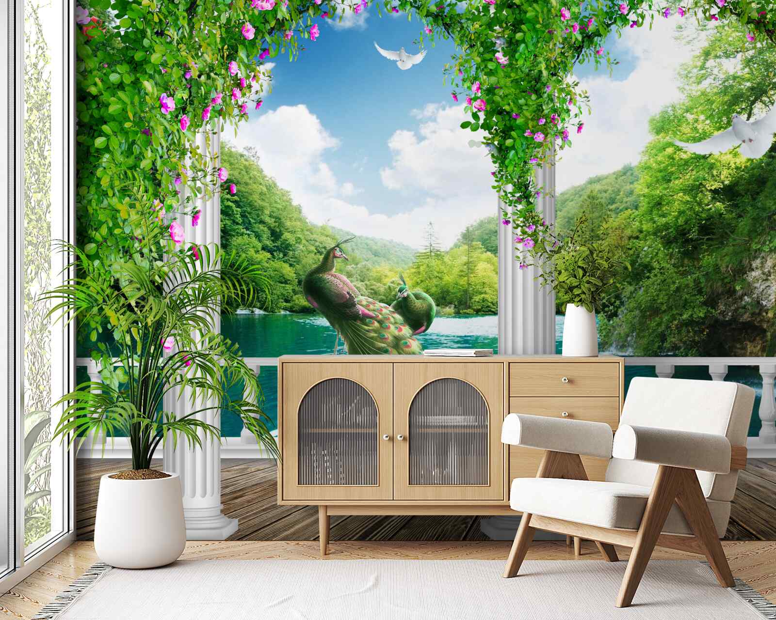 Fototapet colonada de lângă lac, acoperită cu tufișuri