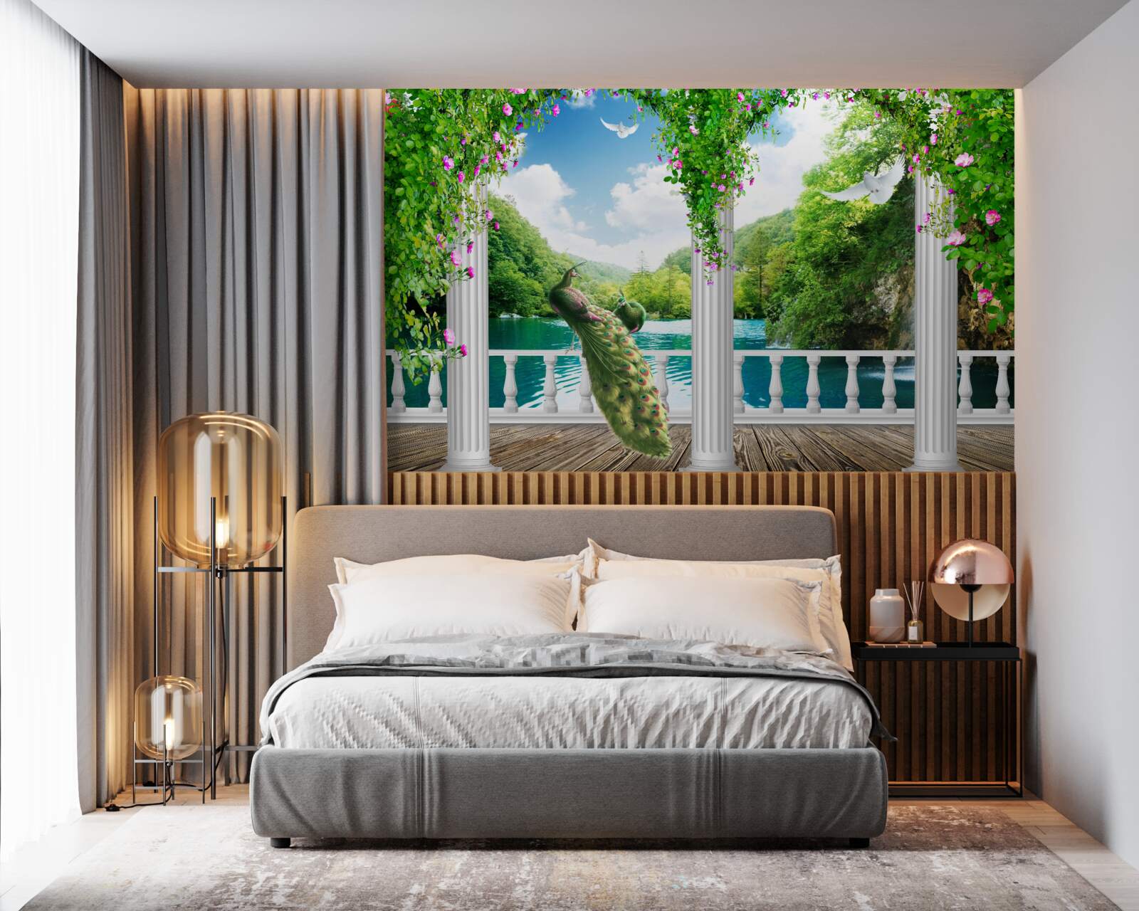 Fototapet colonada de lângă lac, acoperită cu tufișuri