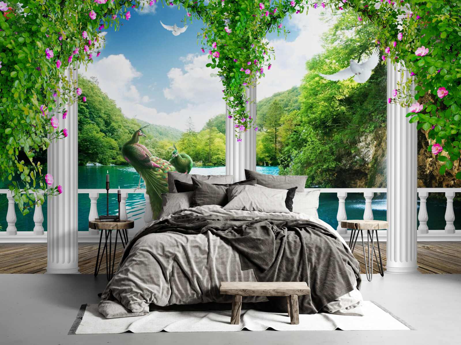 Fototapet colonada de lângă lac, acoperită cu tufișuri