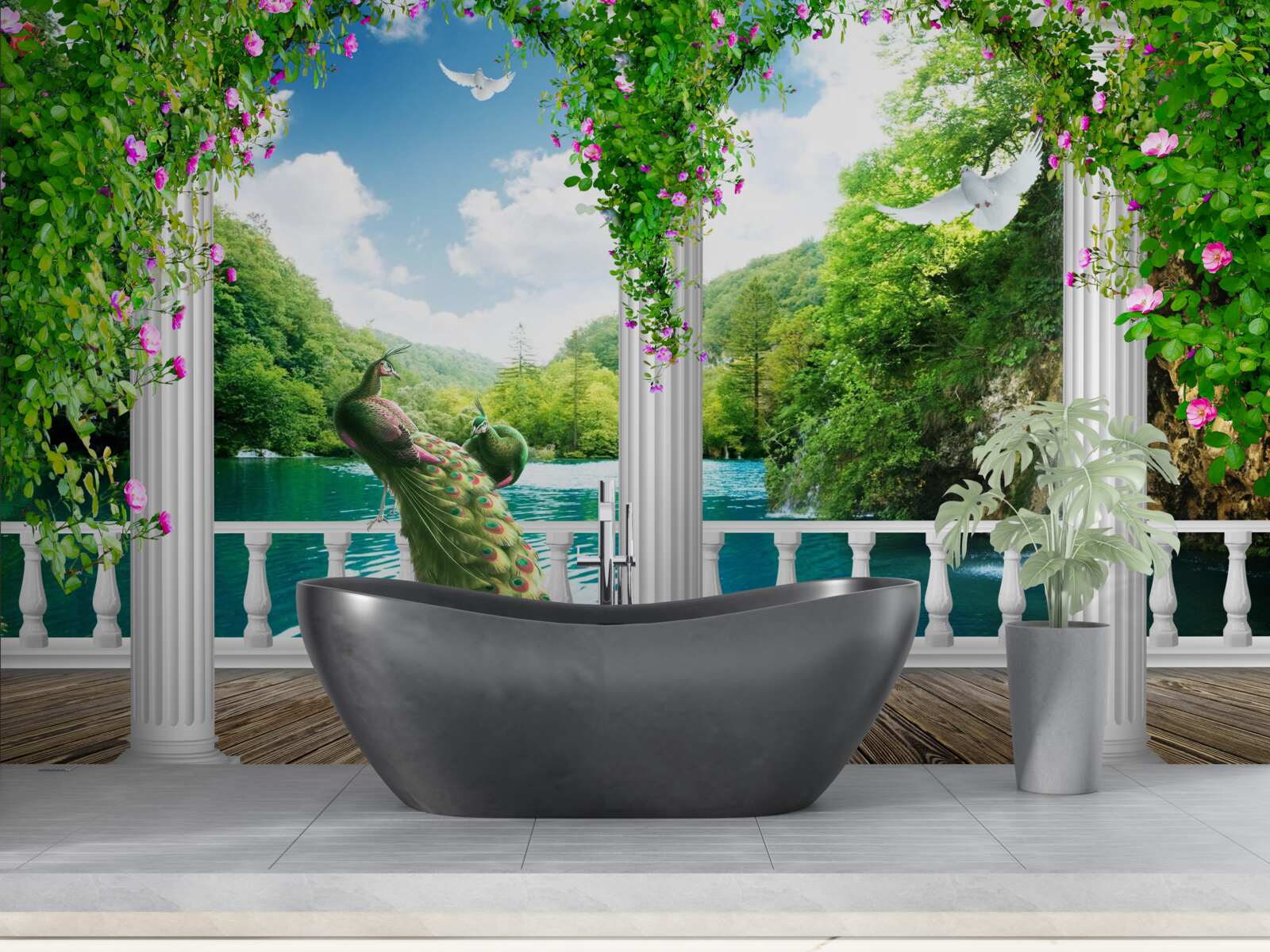 Fototapet colonada de lângă lac, acoperită cu tufișuri