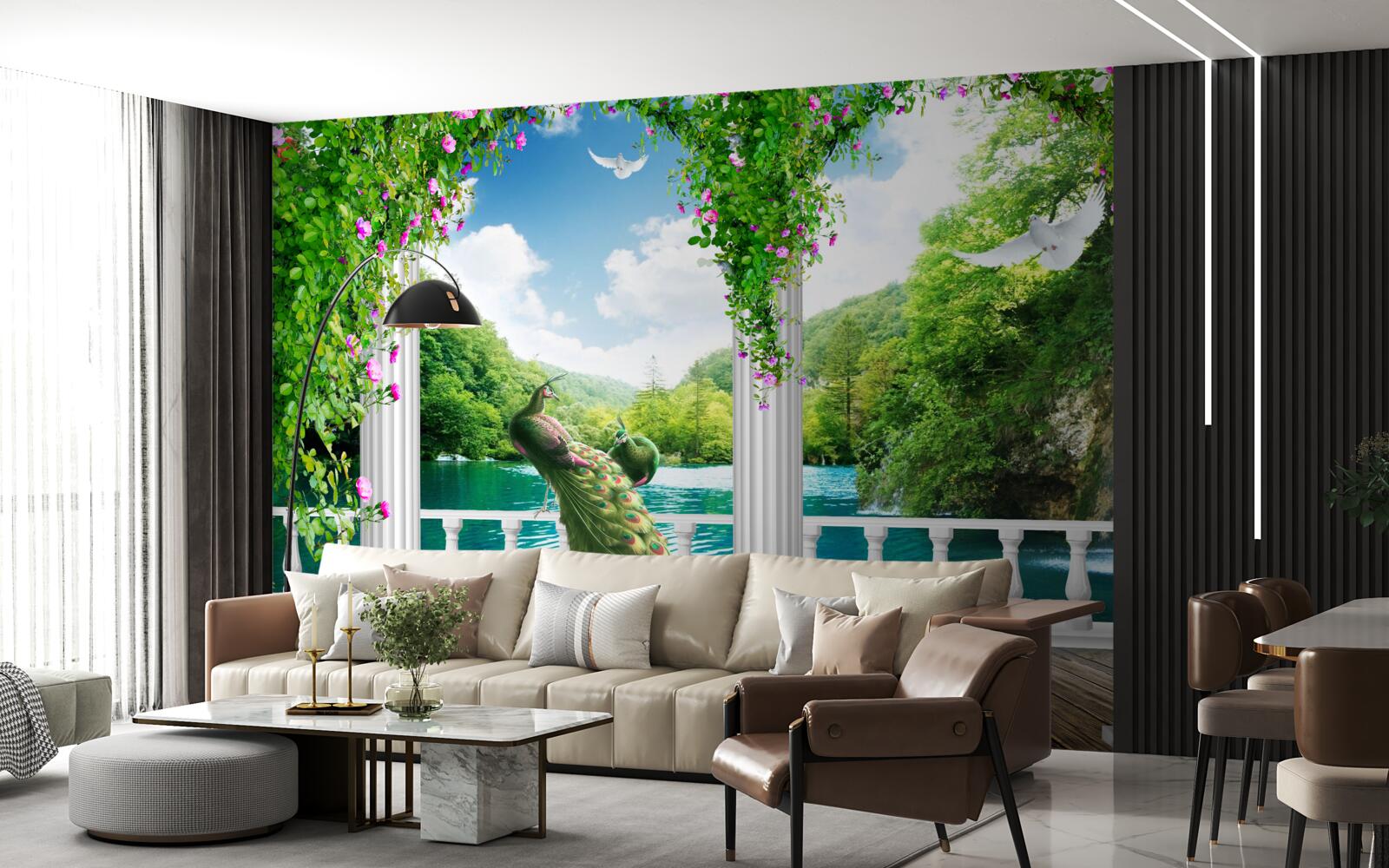 Fototapet colonada de lângă lac, acoperită cu tufișuri