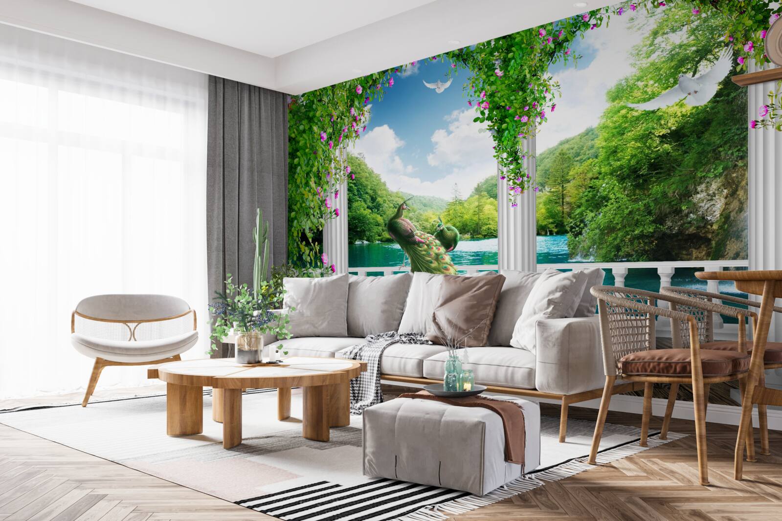 Fototapet colonada de lângă lac, acoperită cu tufișuri