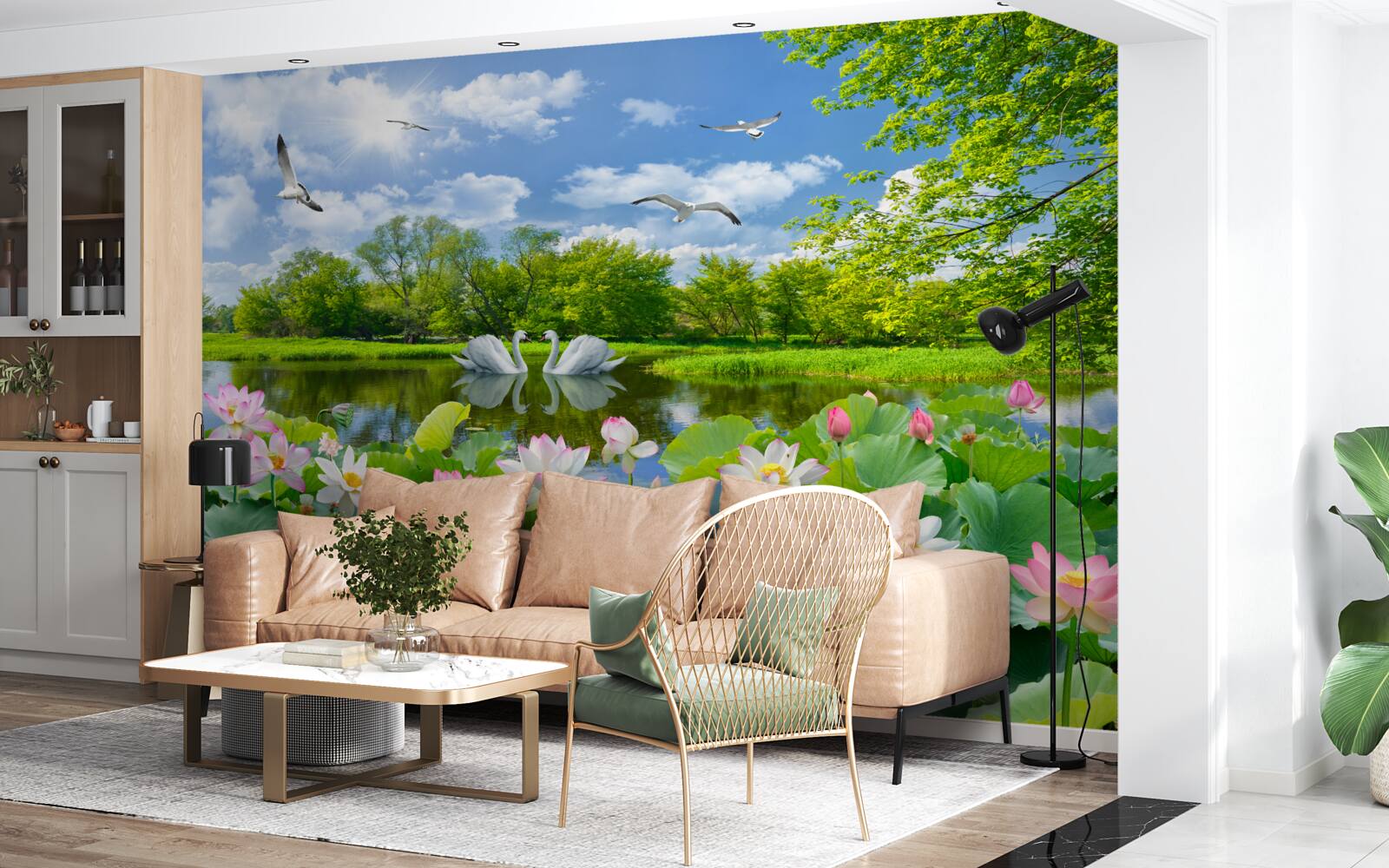 Fototapet două lebede înoată într-un iaz cu nuferi