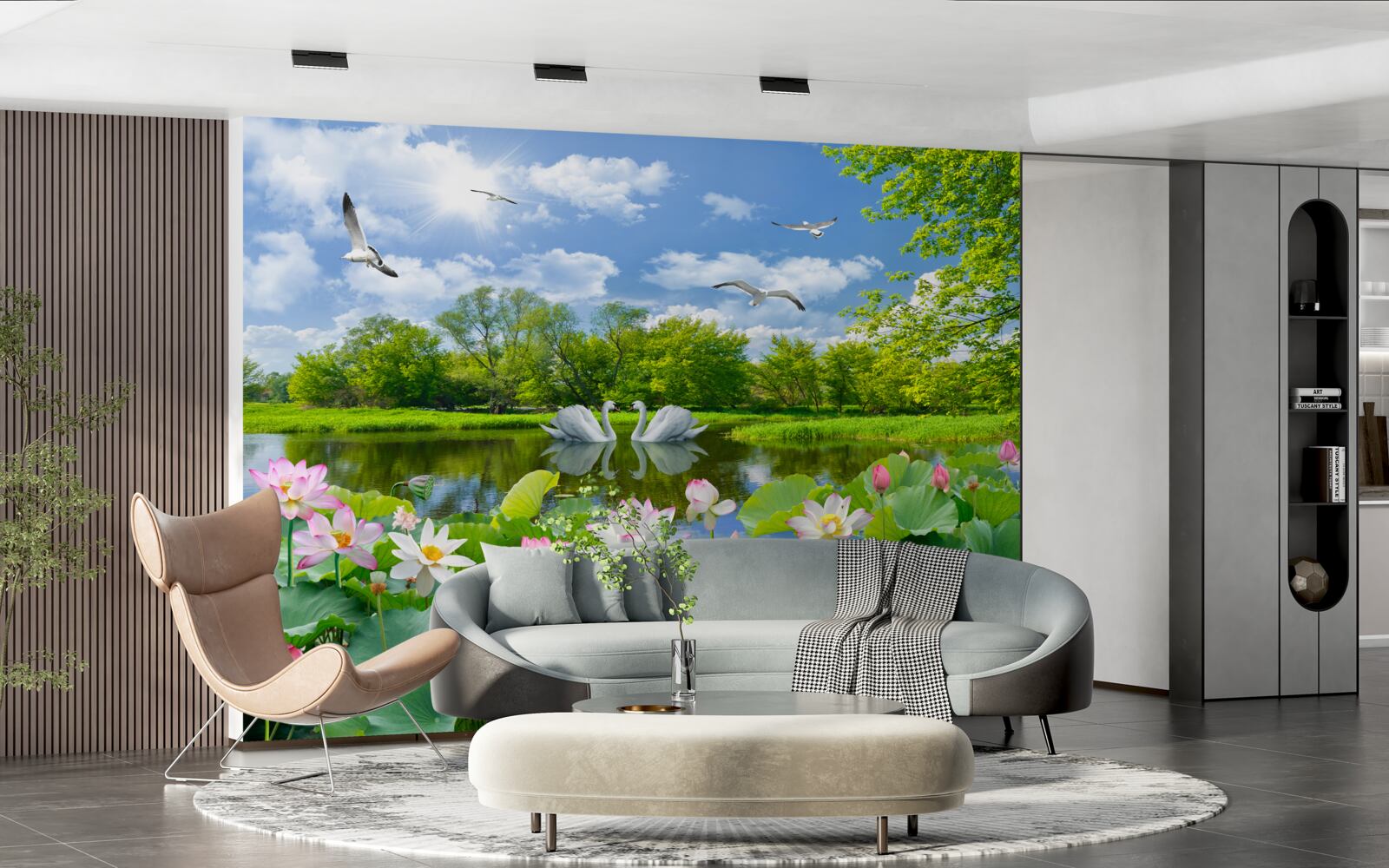 Fototapet două lebede înoată într-un iaz cu nuferi