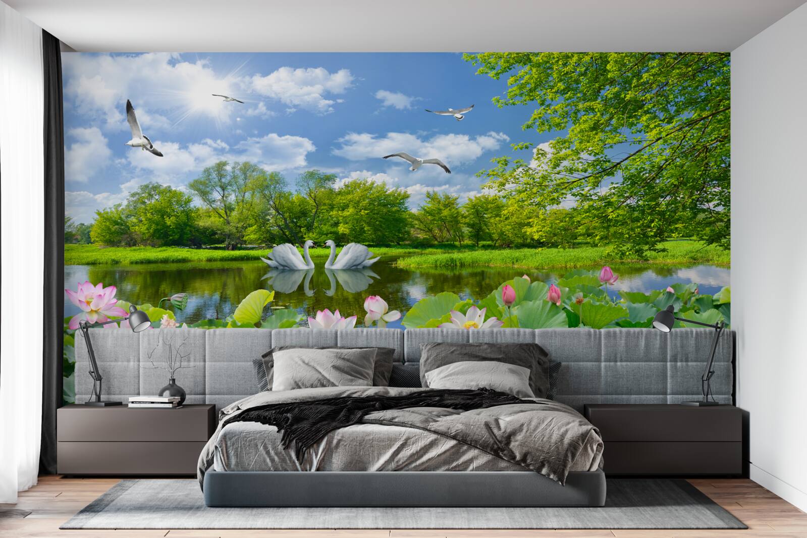 Fototapet două lebede înoată într-un iaz cu nuferi