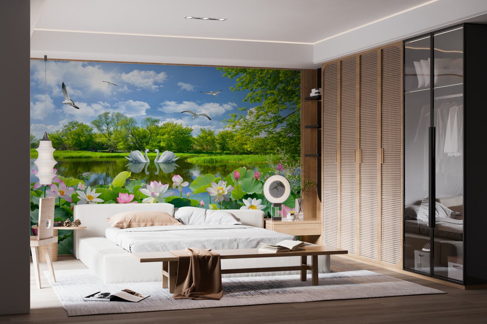 Fototapet două lebede înoată într-un iaz cu nuferi