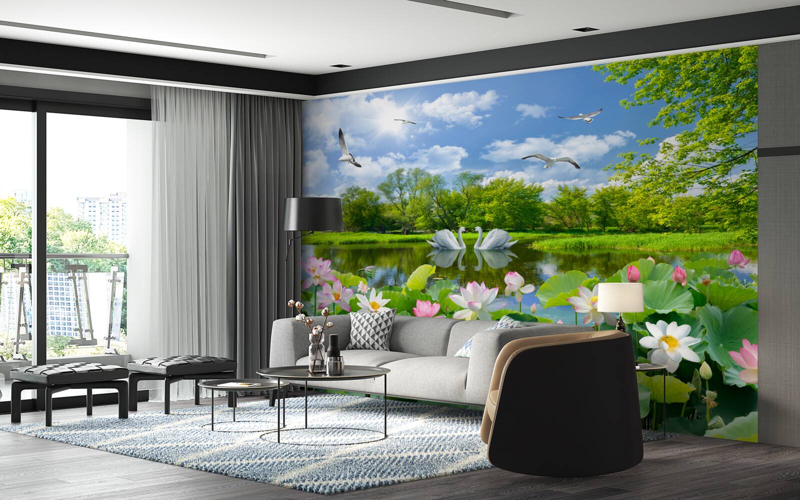 Fototapet două lebede înoată într-un iaz cu nuferi