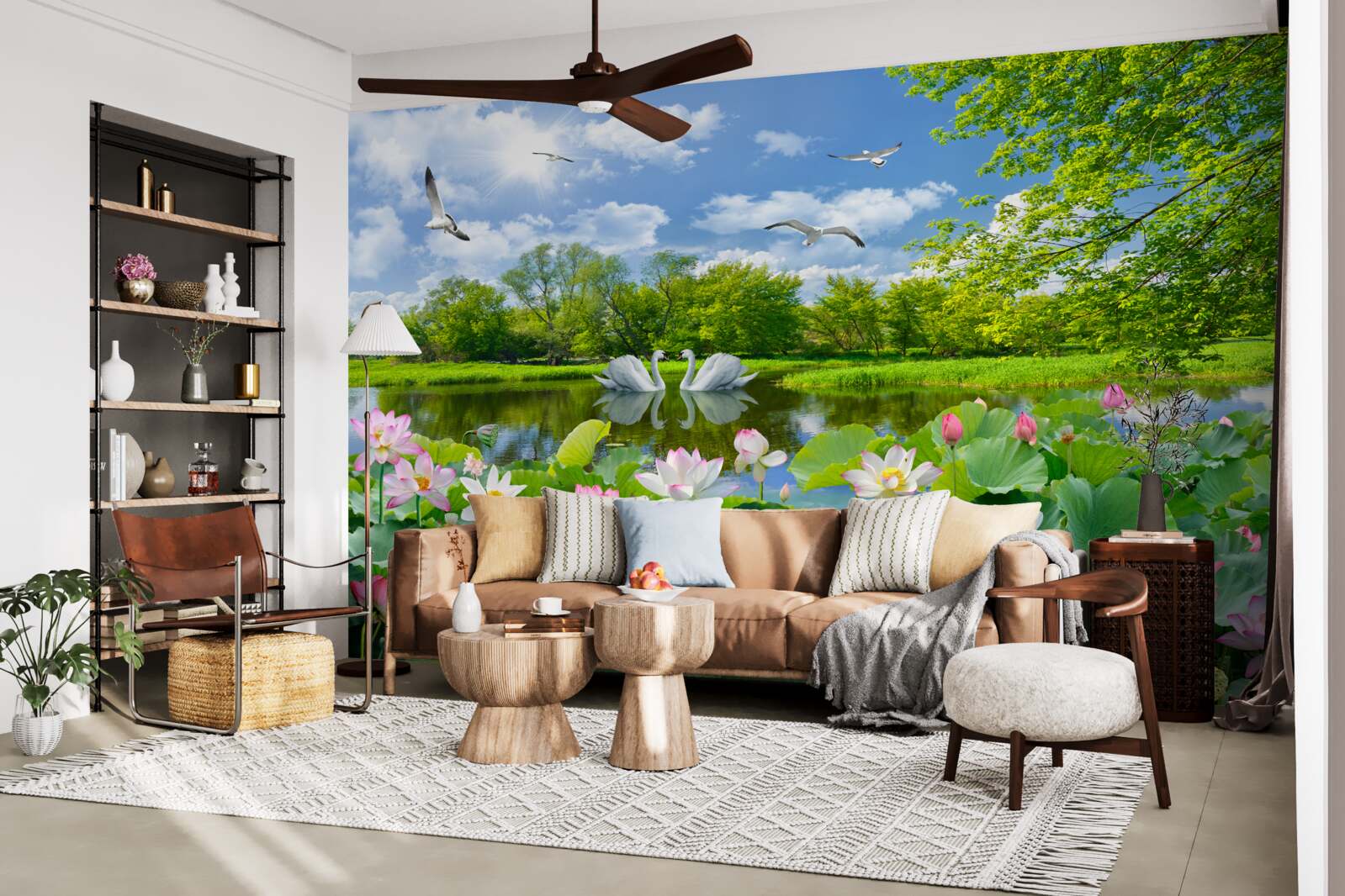 Fototapet două lebede înoată într-un iaz cu nuferi