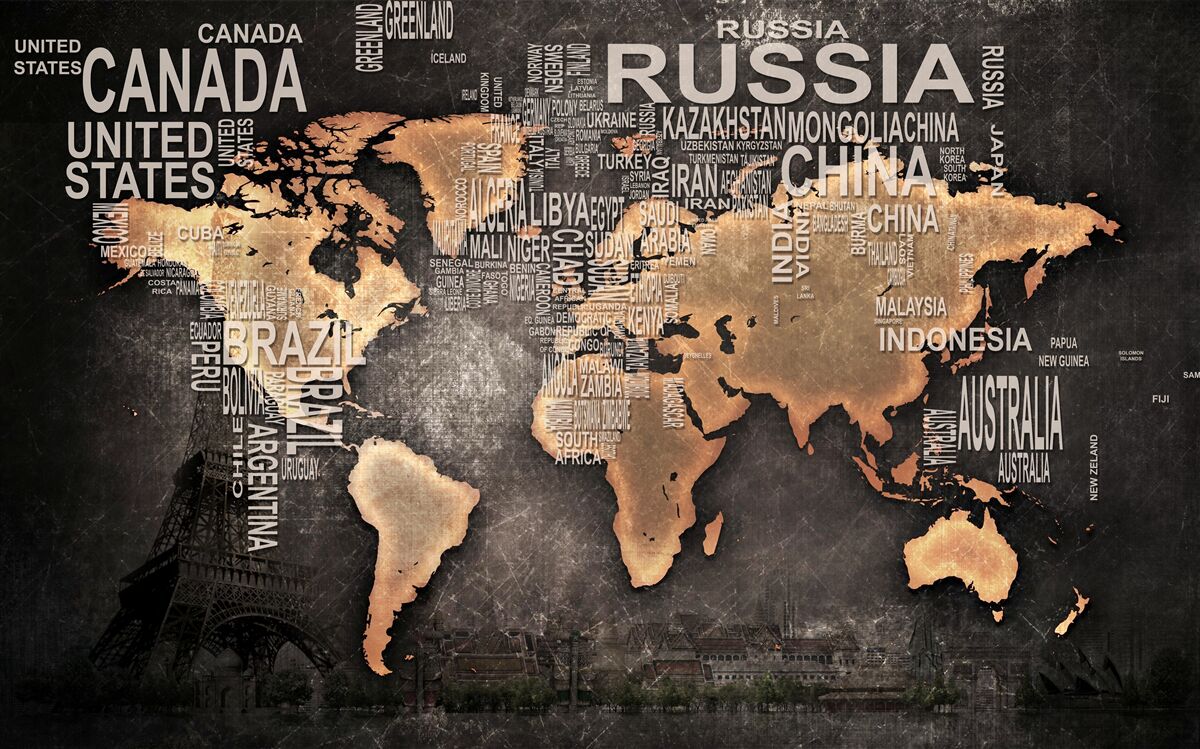 Fototapet hartă a lumii în culori închise, cu indicarea numelor celor mai mari state