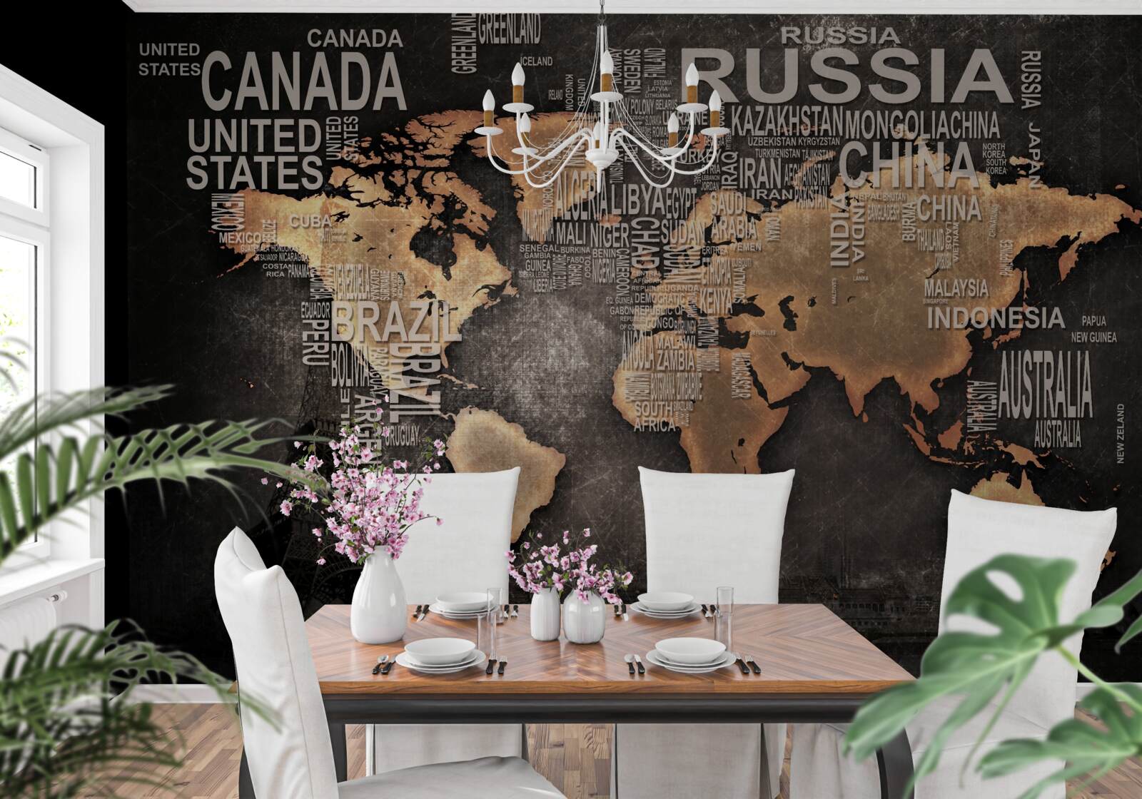 Fototapet hartă a lumii în culori închise, cu indicarea numelor celor mai mari state