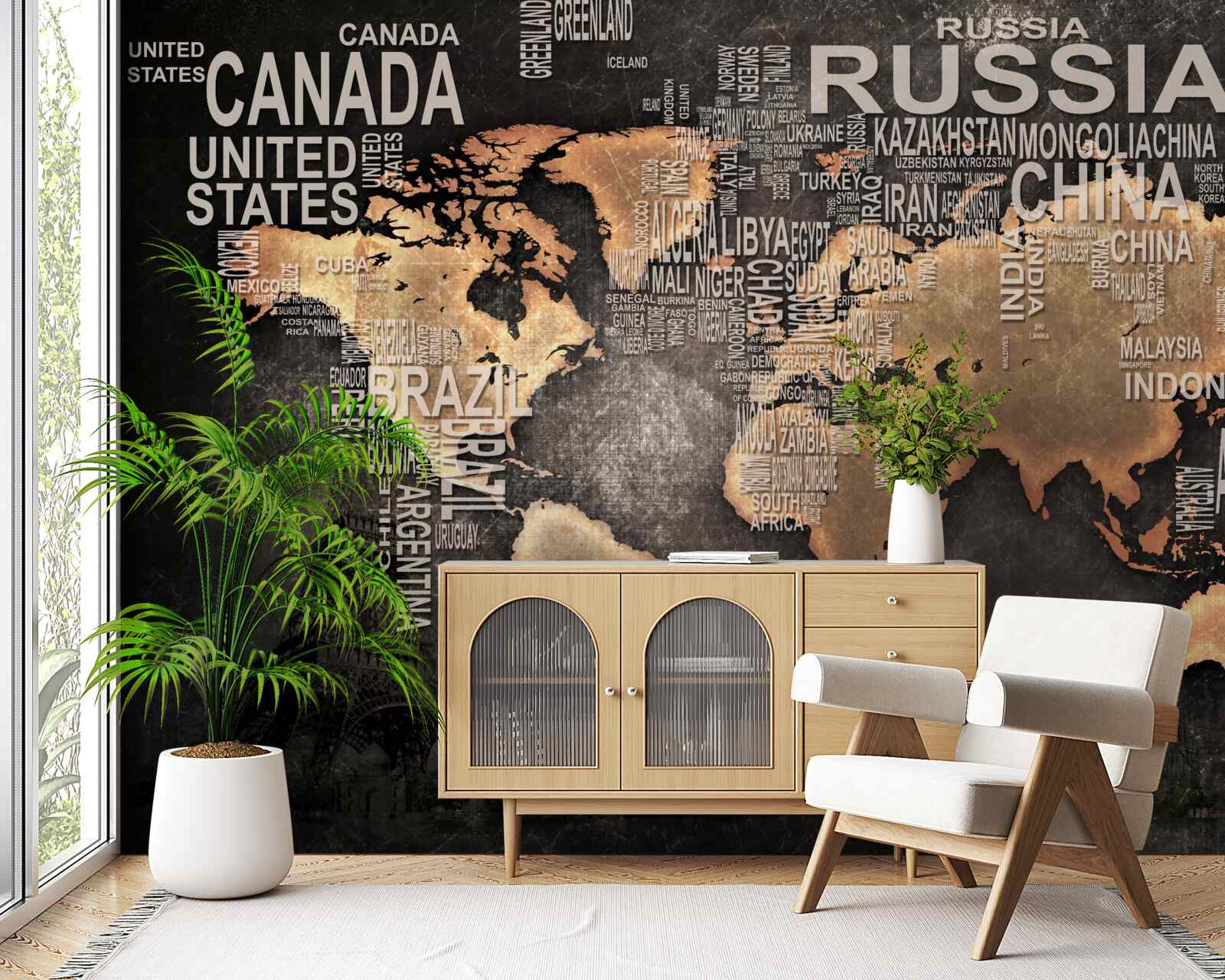 Fototapet hartă a lumii în culori închise, cu indicarea numelor celor mai mari state