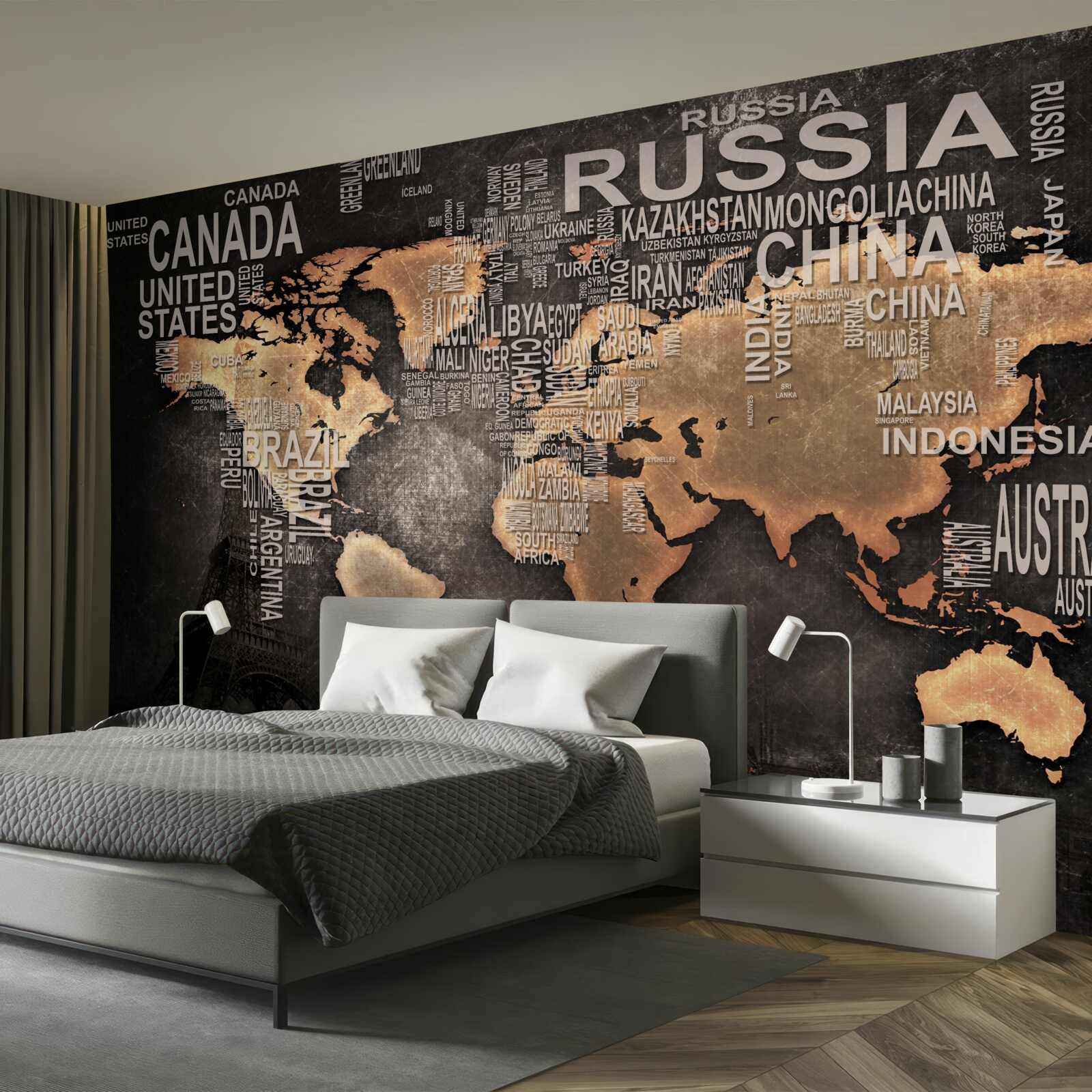Fototapet hartă a lumii în culori închise, cu indicarea numelor celor mai mari state