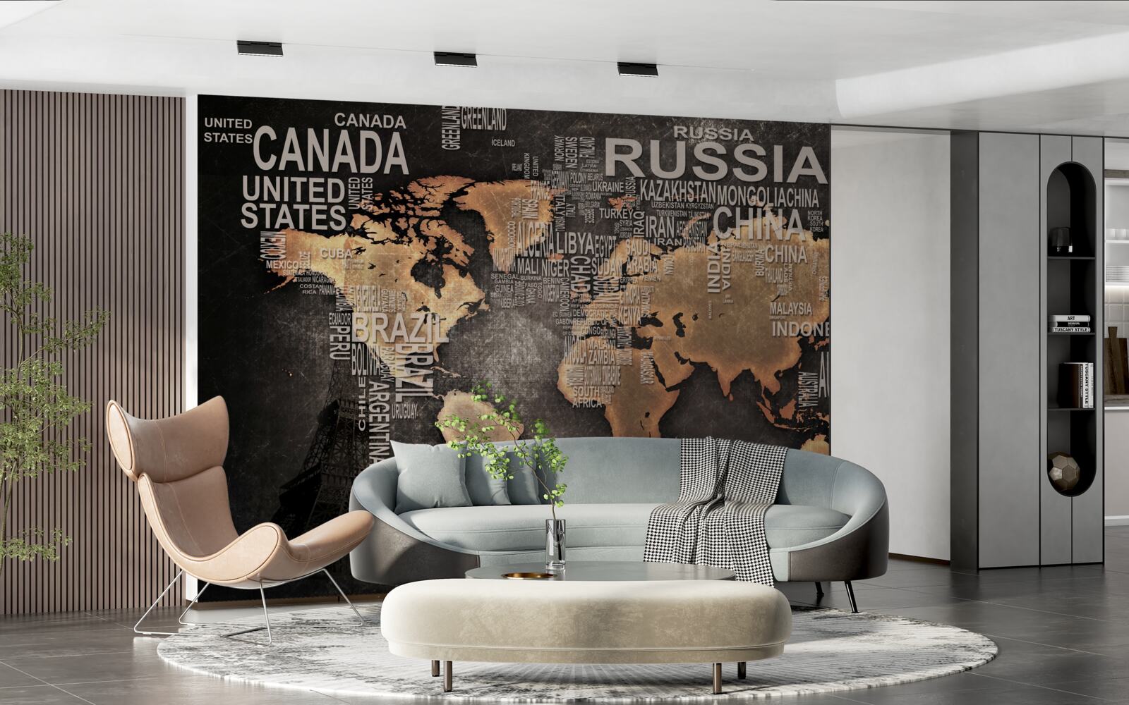 Fototapet hartă a lumii în culori închise, cu indicarea numelor celor mai mari state