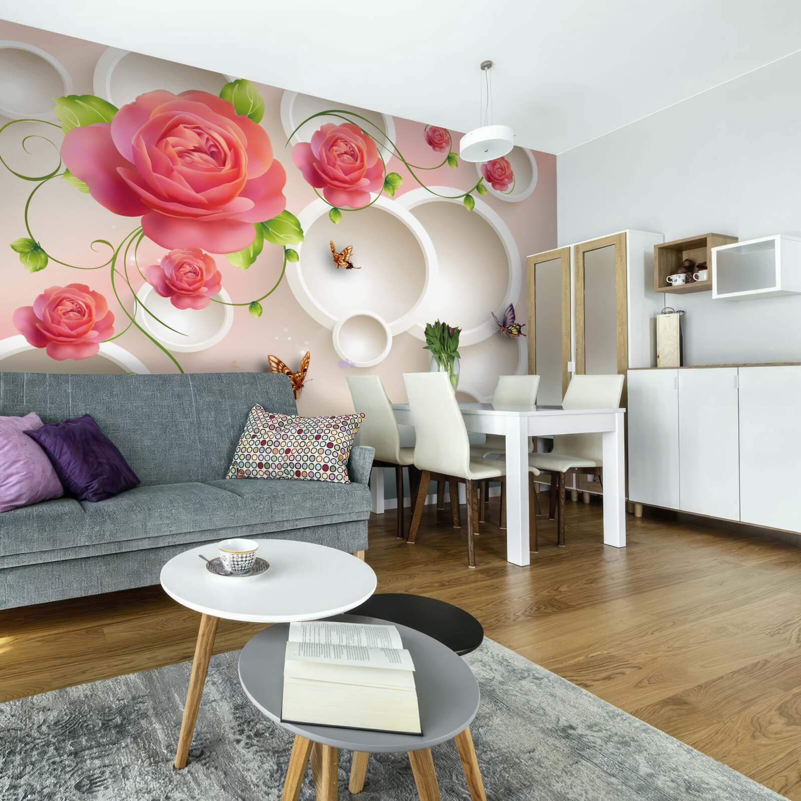 Fototapet flori de trandafir cărămiziu și cercuri albe