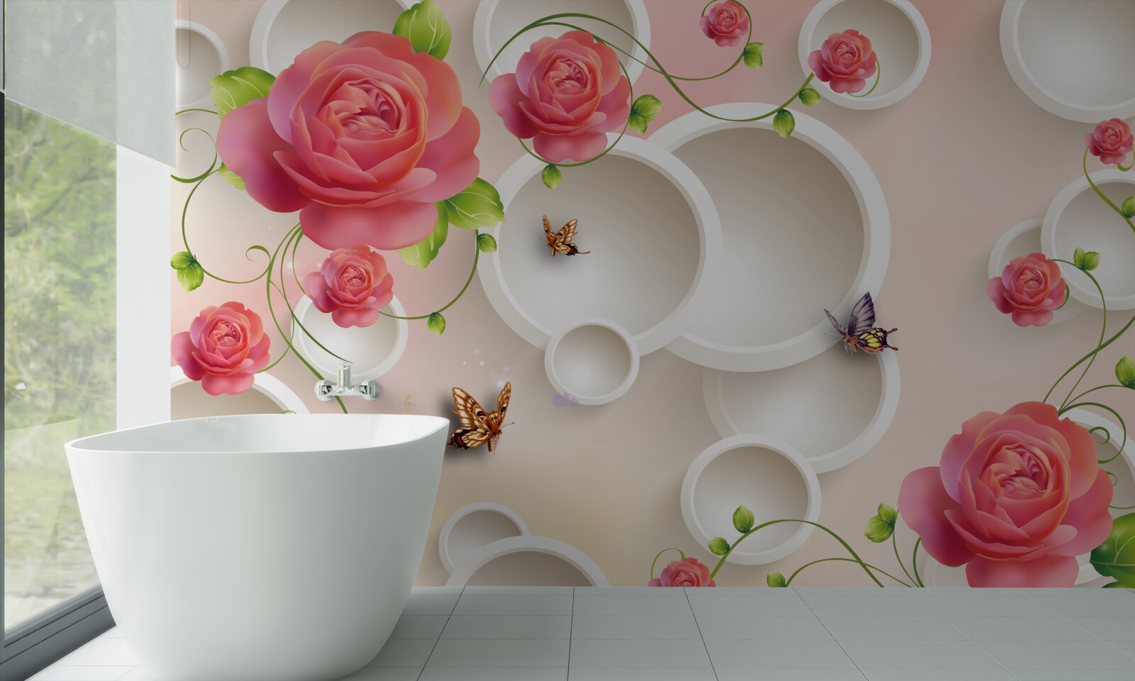 Fototapet flori de trandafir cărămiziu și cercuri albe