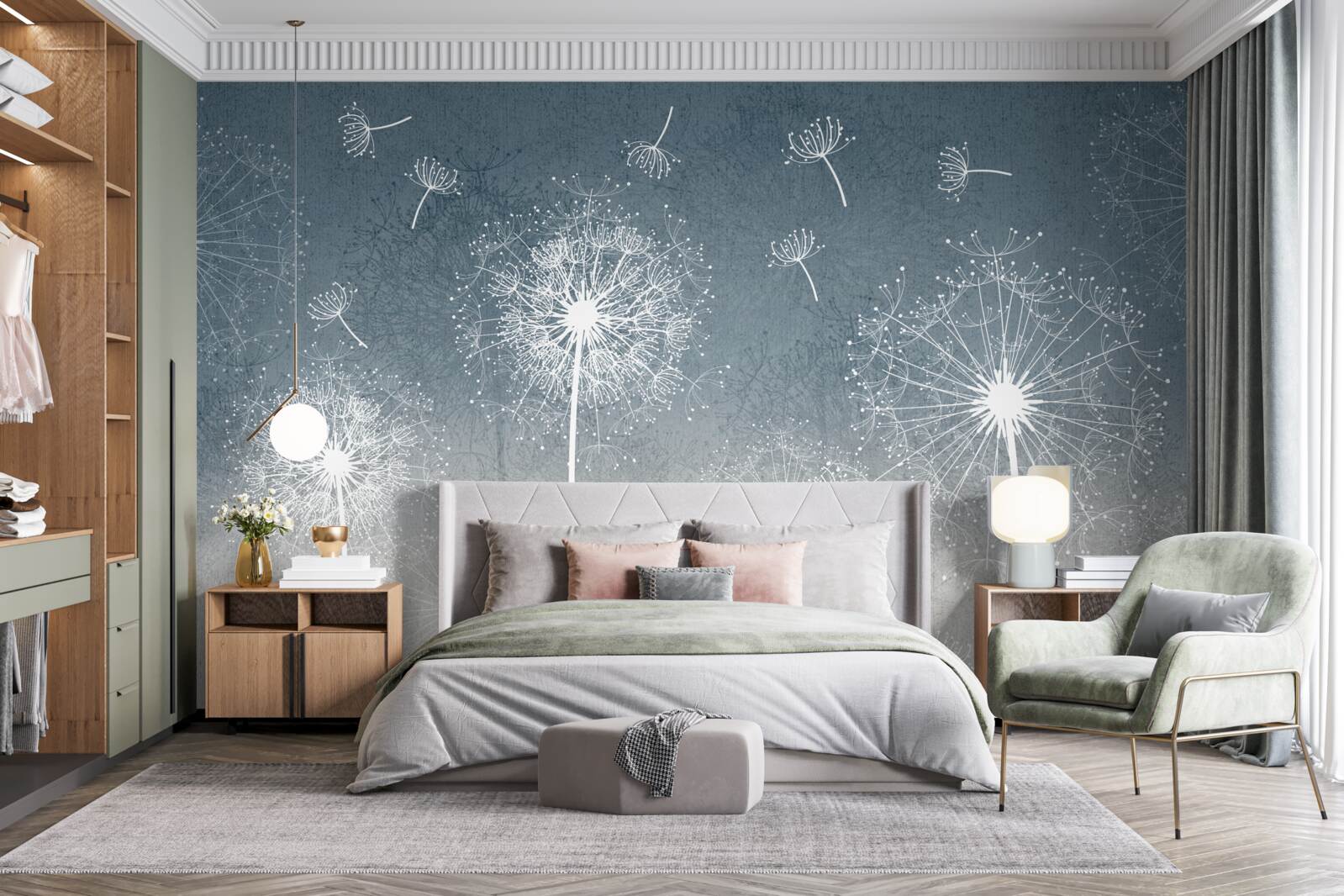 Fototapet zbor de păpădie plutitoare ușoară la amurg