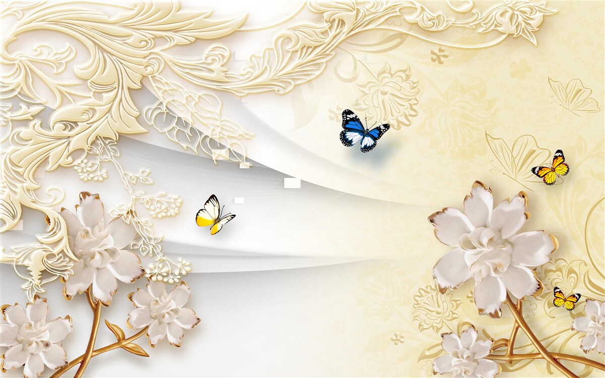 Fototapet fluturii zboară peste ramuri cu flori dezvoltate