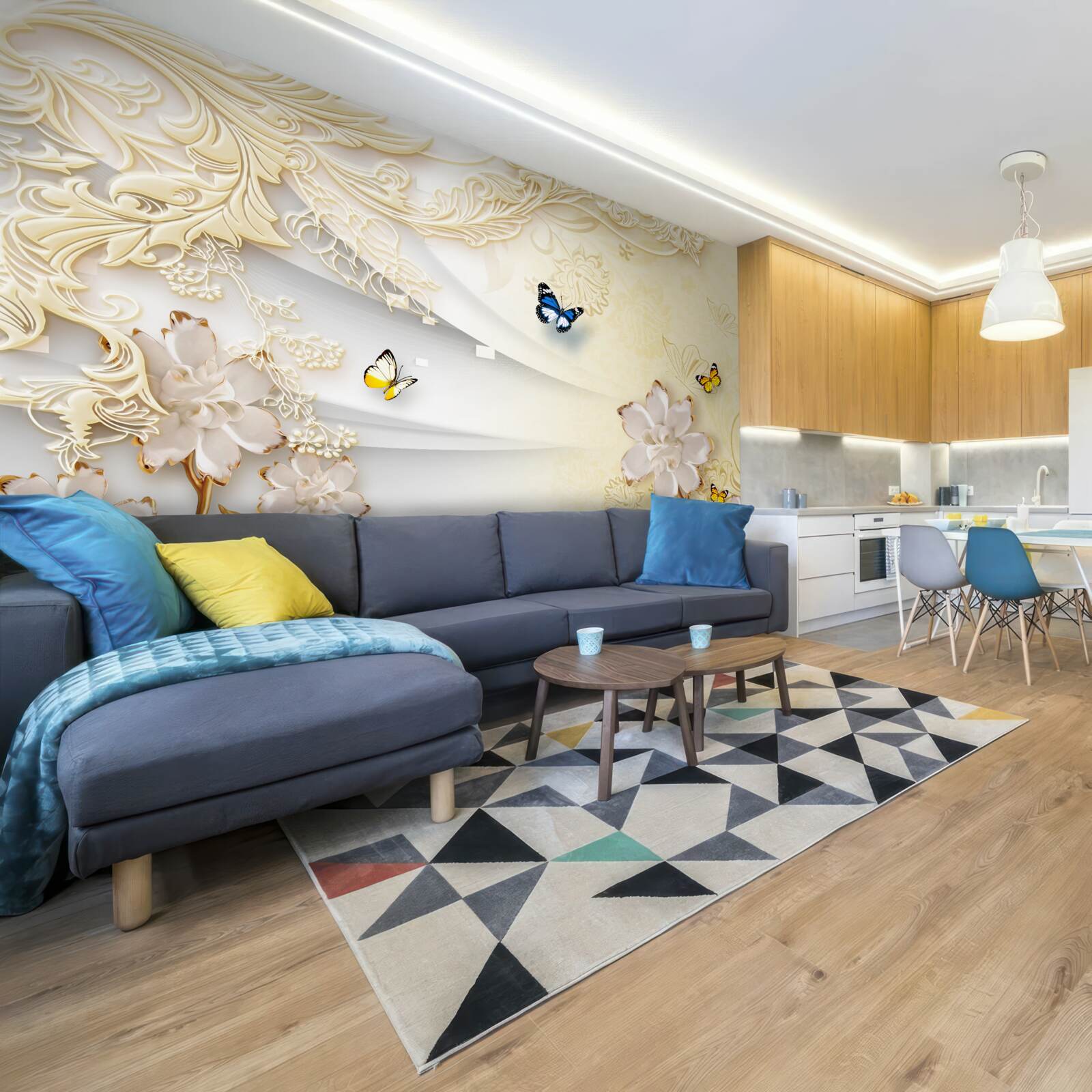 Fototapet fluturii zboară peste ramuri cu flori dezvoltate