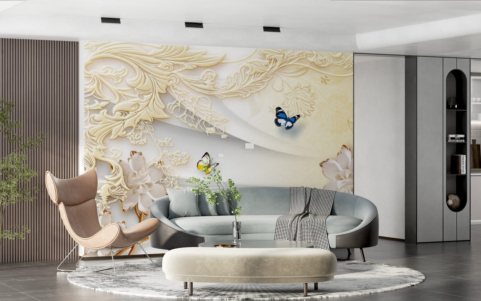 Fototapet fluturii zboară peste ramuri cu flori dezvoltate