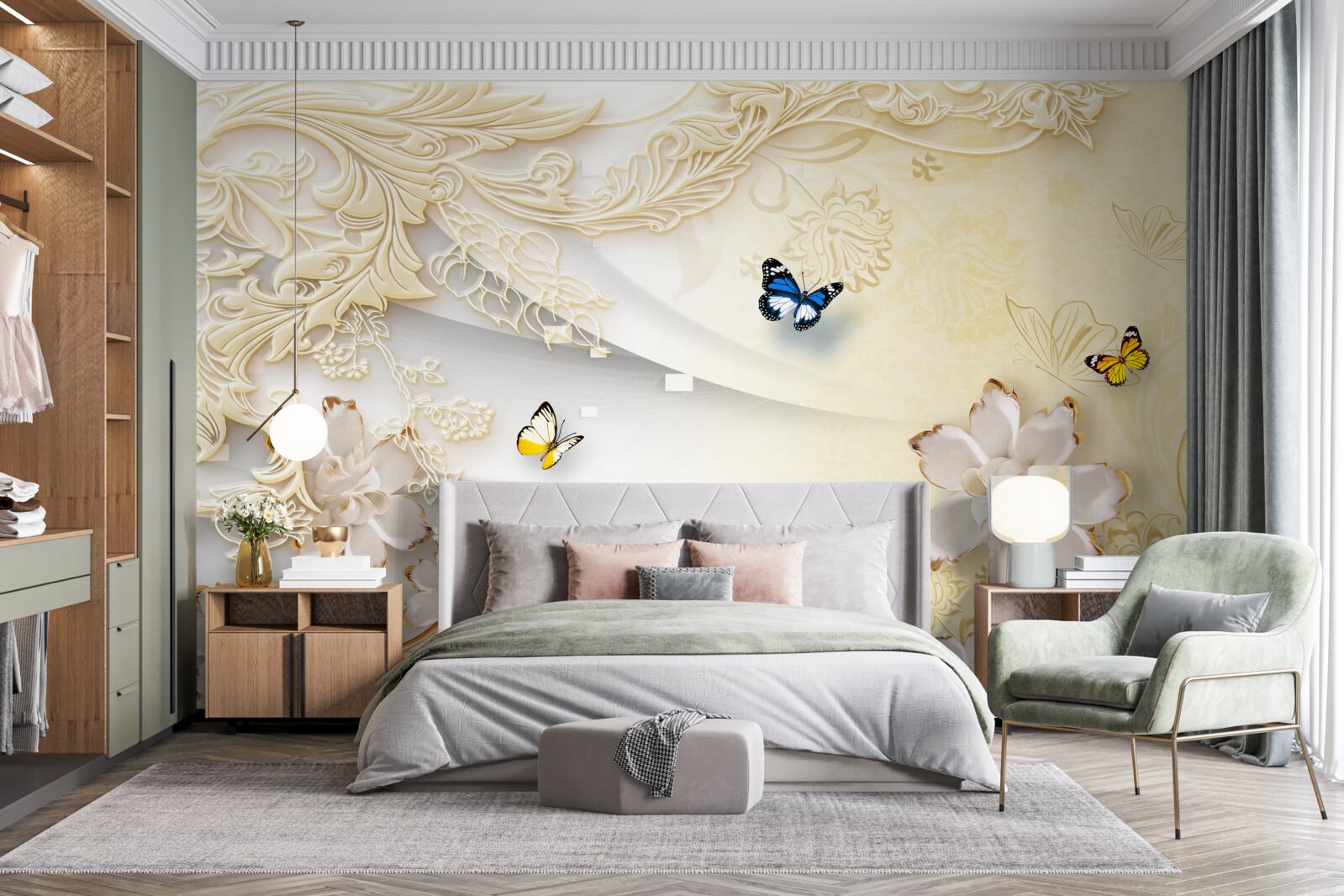 Fototapet fluturii zboară peste ramuri cu flori dezvoltate