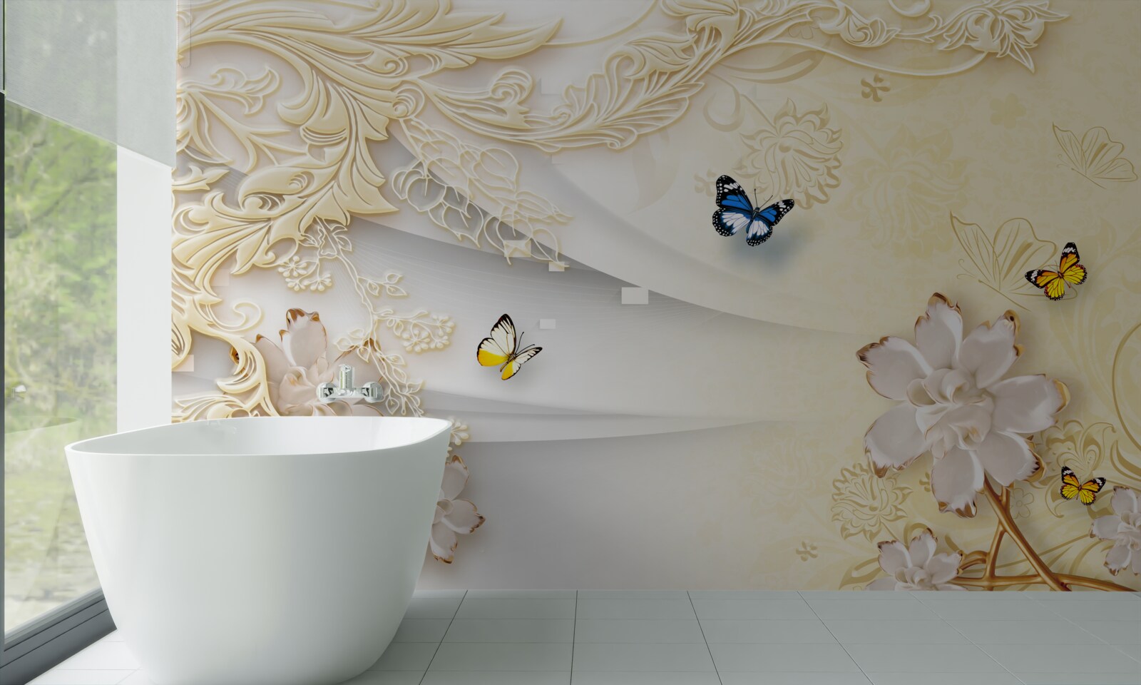 Fototapet fluturii zboară peste ramuri cu flori dezvoltate