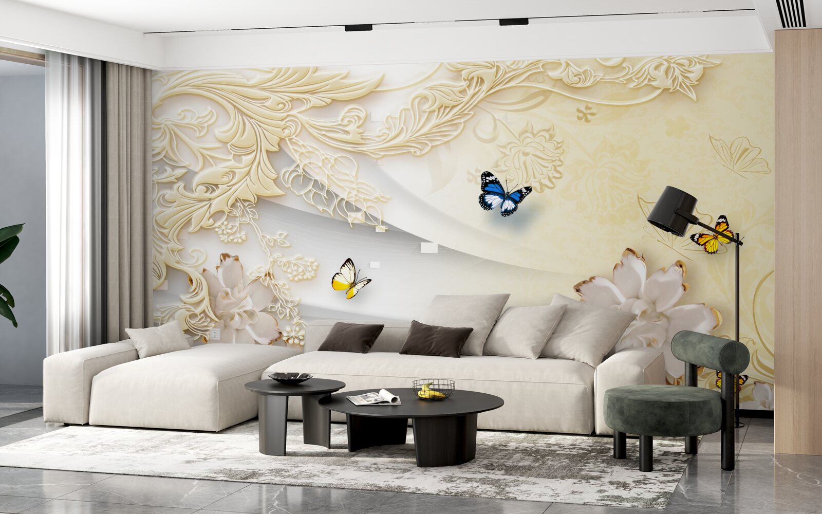 Fototapet fluturii zboară peste ramuri cu flori dezvoltate