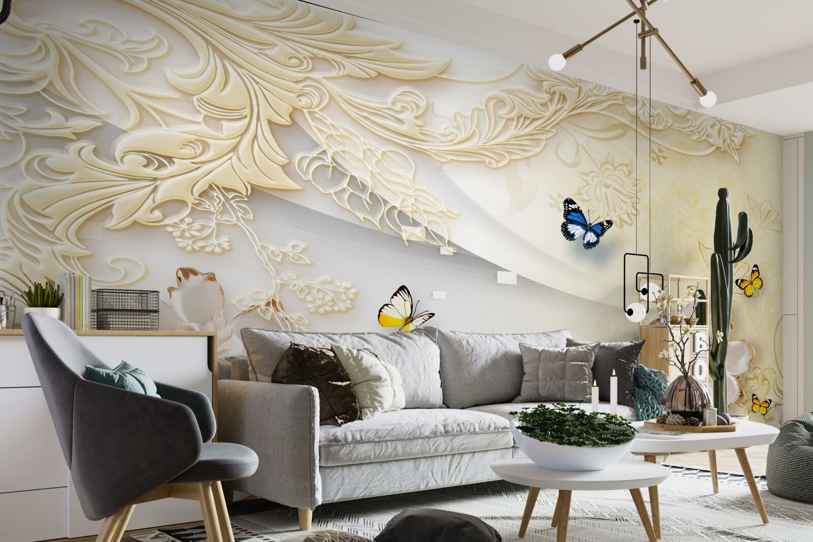 Fototapet fluturii zboară peste ramuri cu flori dezvoltate