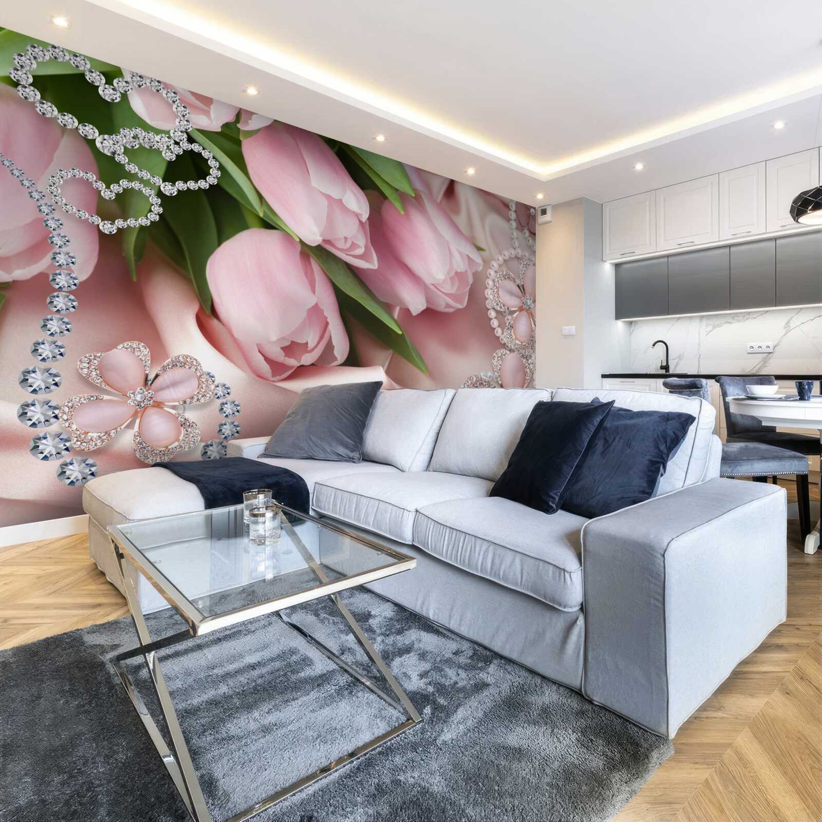 Fototapet lalele în roz, decorate cu margele pe un fundal de mătase