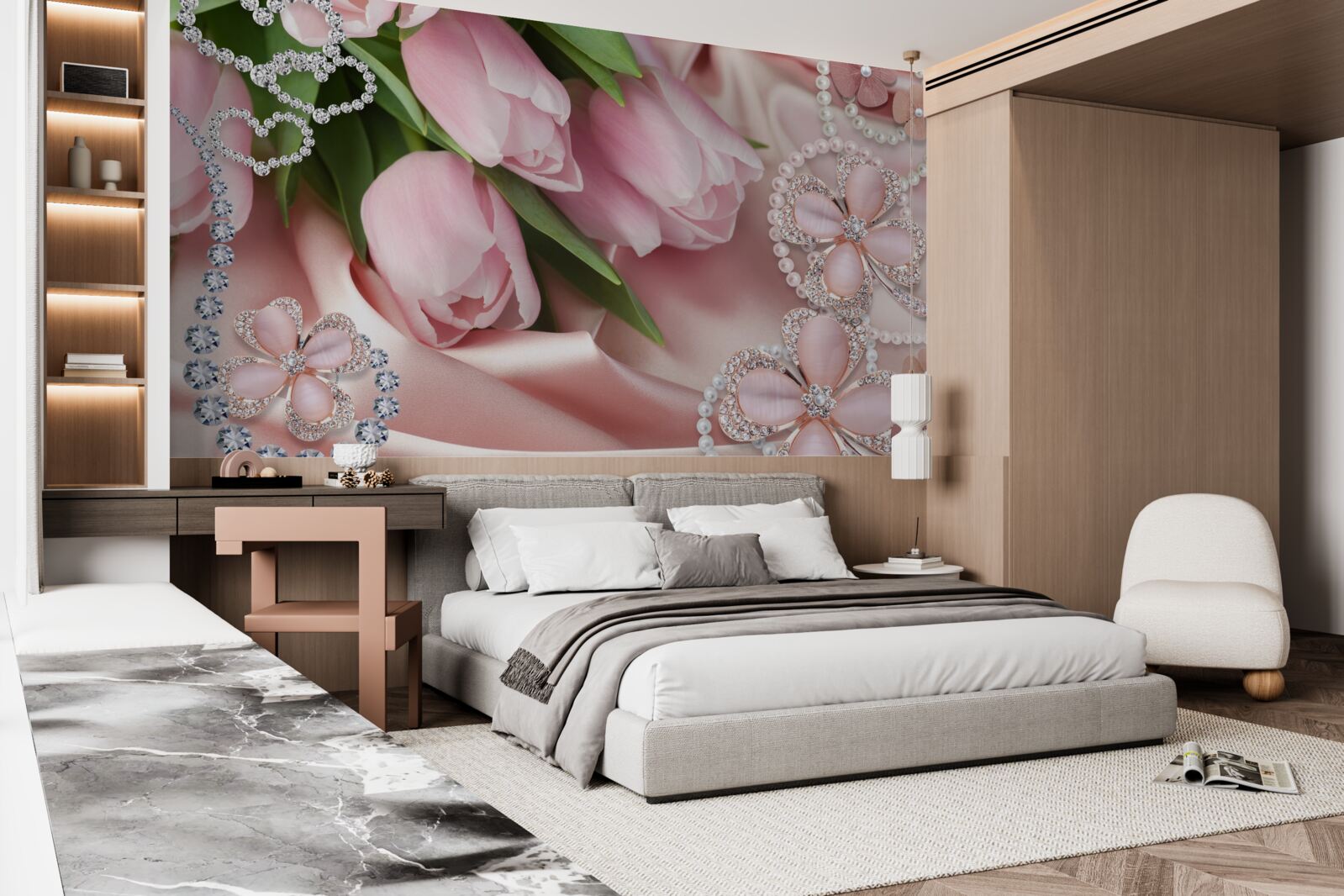 Fototapet lalele în roz, decorate cu margele pe un fundal de mătase