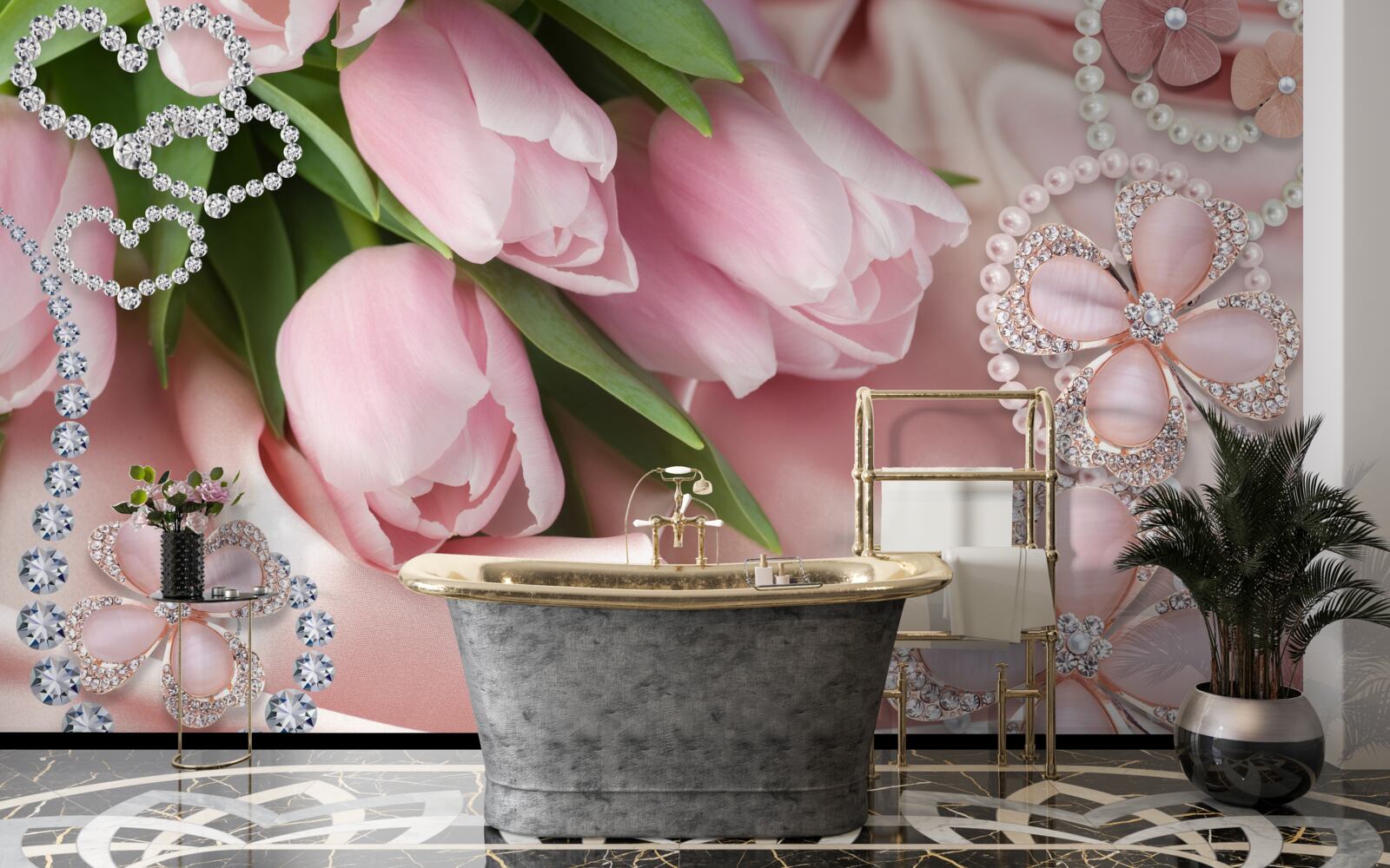 Fototapet lalele în roz, decorate cu margele pe un fundal de mătase