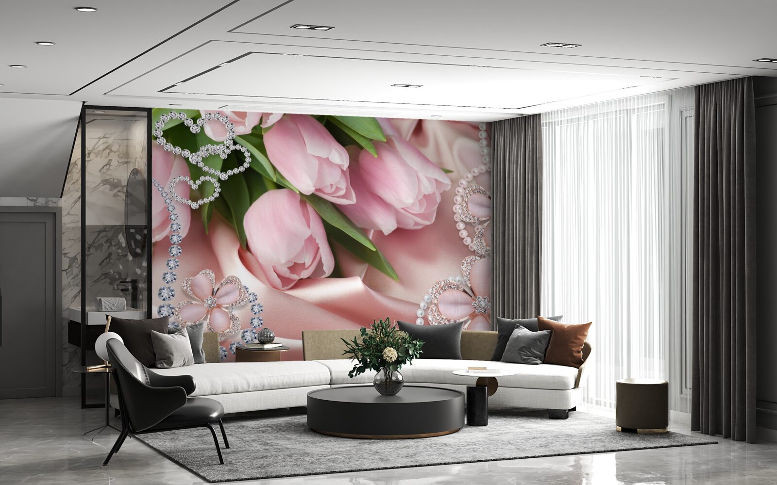 Fototapet lalele în roz, decorate cu margele pe un fundal de mătase