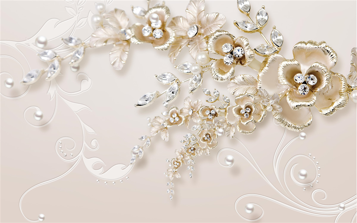 Fototapet ramuri înflorite de aur, încrustate cu pietre