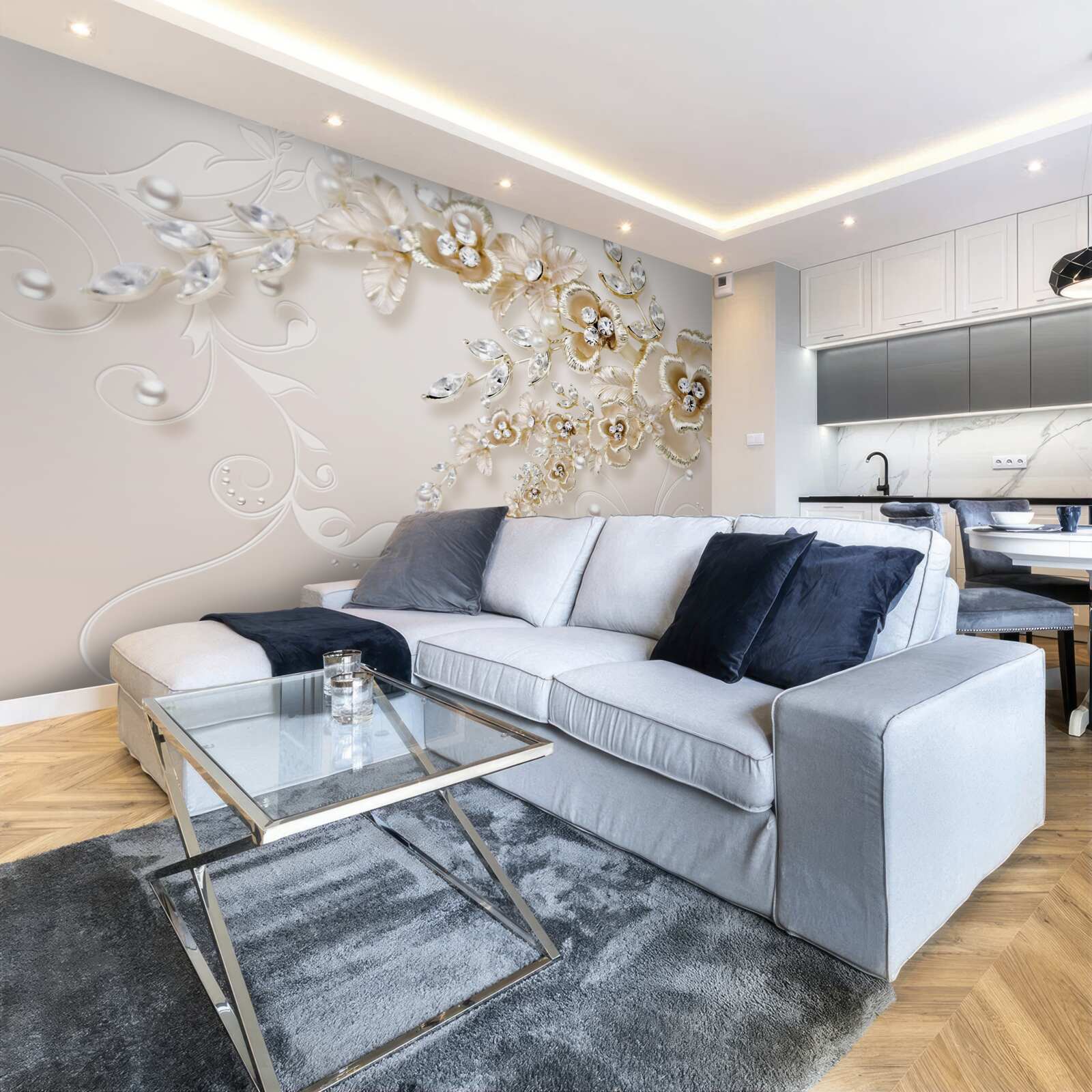 Fototapet ramuri înflorite de aur, încrustate cu pietre