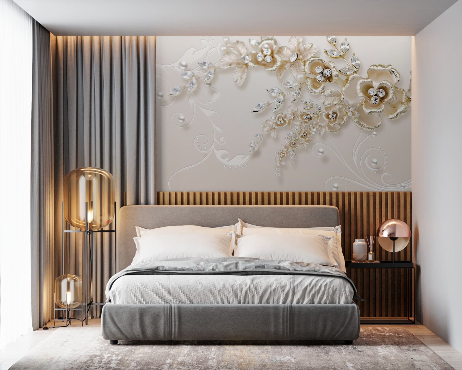 Fototapet ramuri înflorite de aur, încrustate cu pietre