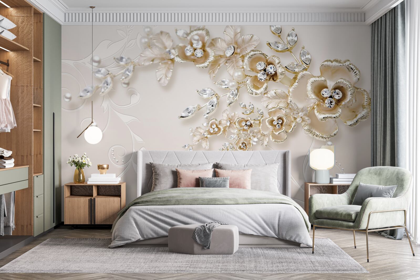 Fototapet ramuri înflorite de aur, încrustate cu pietre