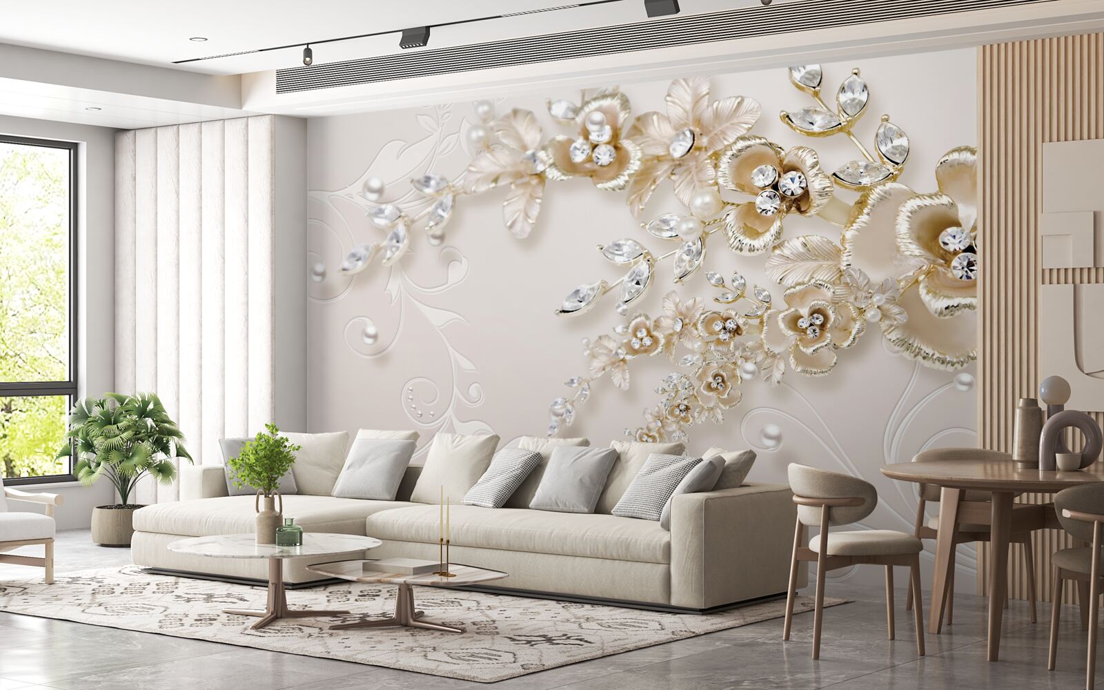 Fototapet ramuri înflorite de aur, încrustate cu pietre