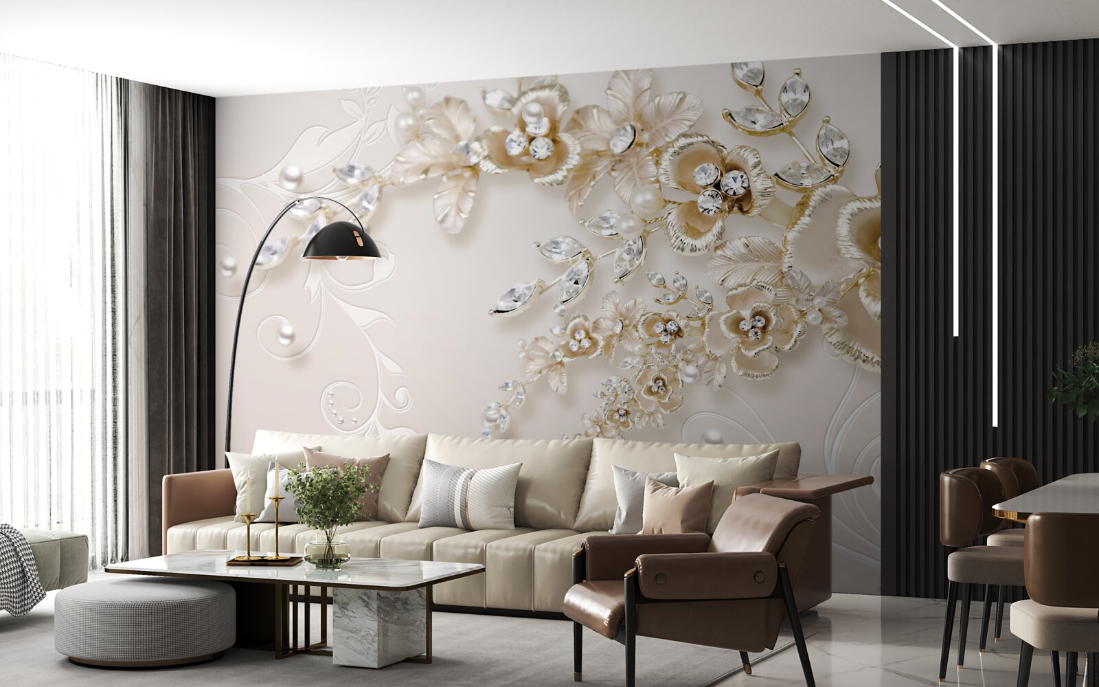 Fototapet ramuri înflorite de aur, încrustate cu pietre