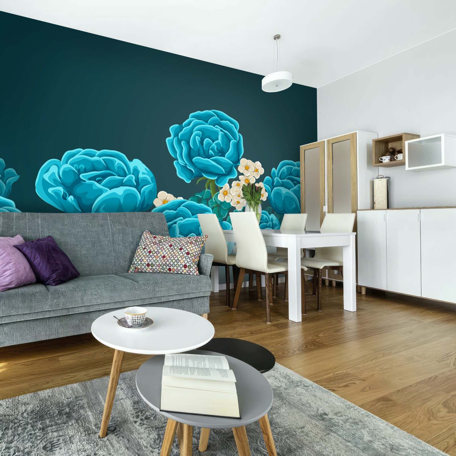 Fototapet margaretele sunt albe ca zăpada și miniaturale, iar trandafirii sunt albastru deschis