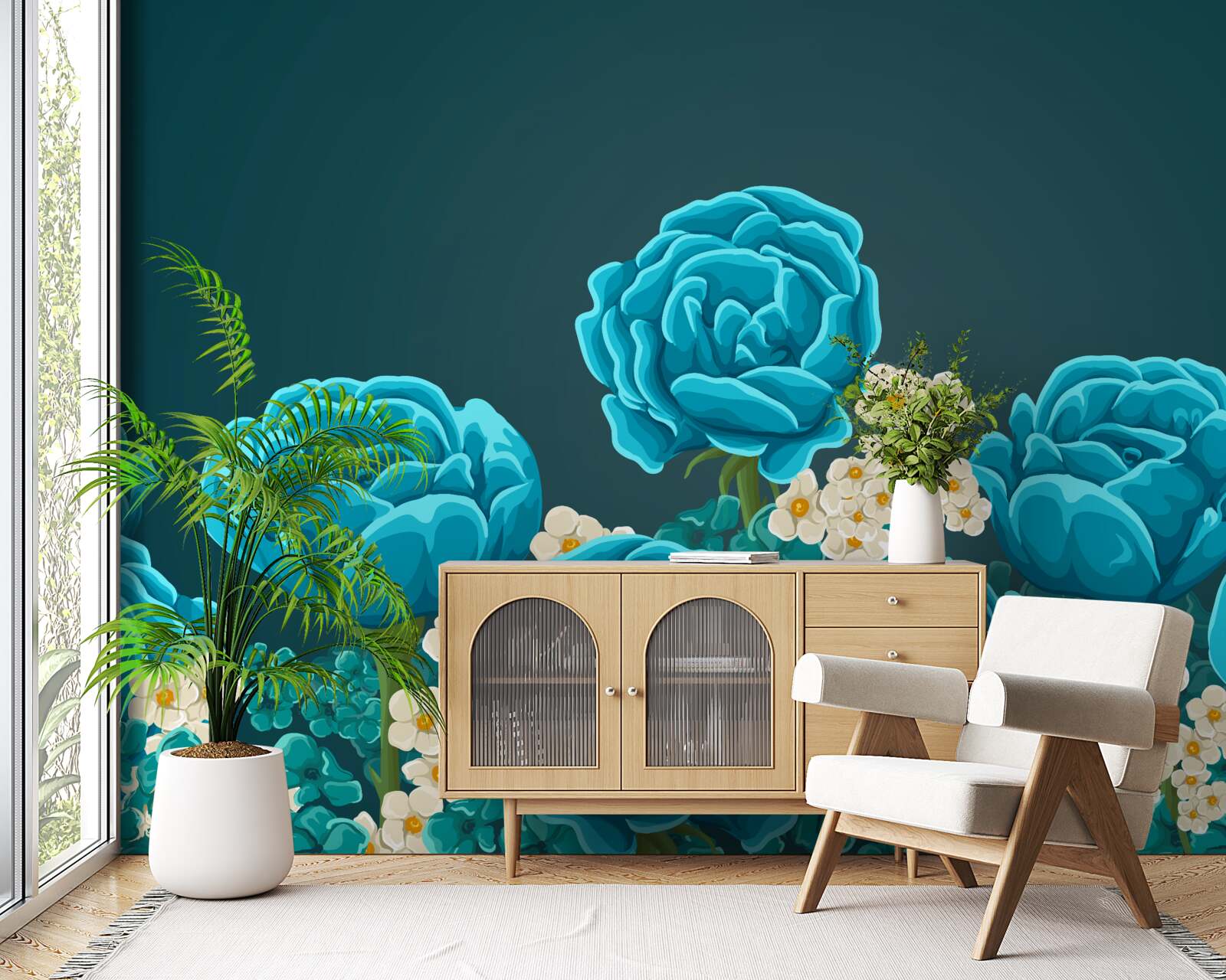 Fototapet margaretele sunt albe ca zăpada și miniaturale, iar trandafirii sunt albastru deschis