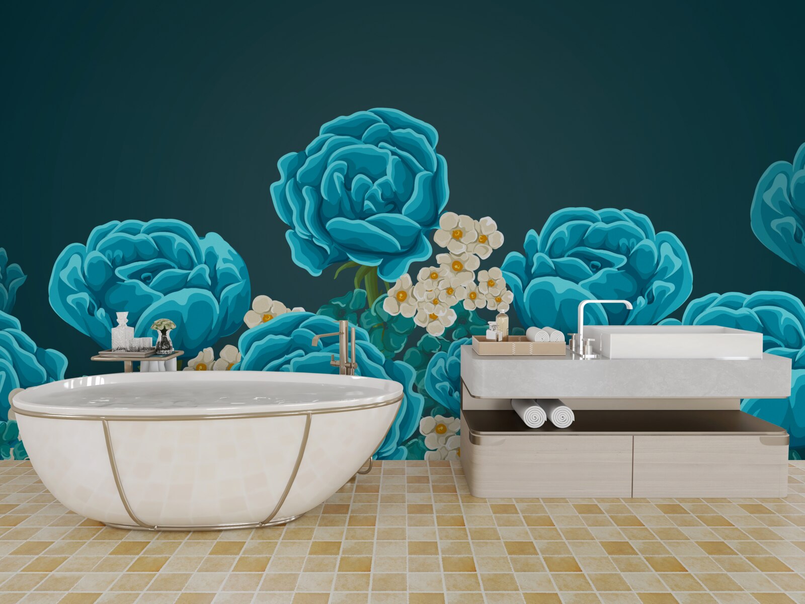 Fototapet margaretele sunt albe ca zăpada și miniaturale, iar trandafirii sunt albastru deschis