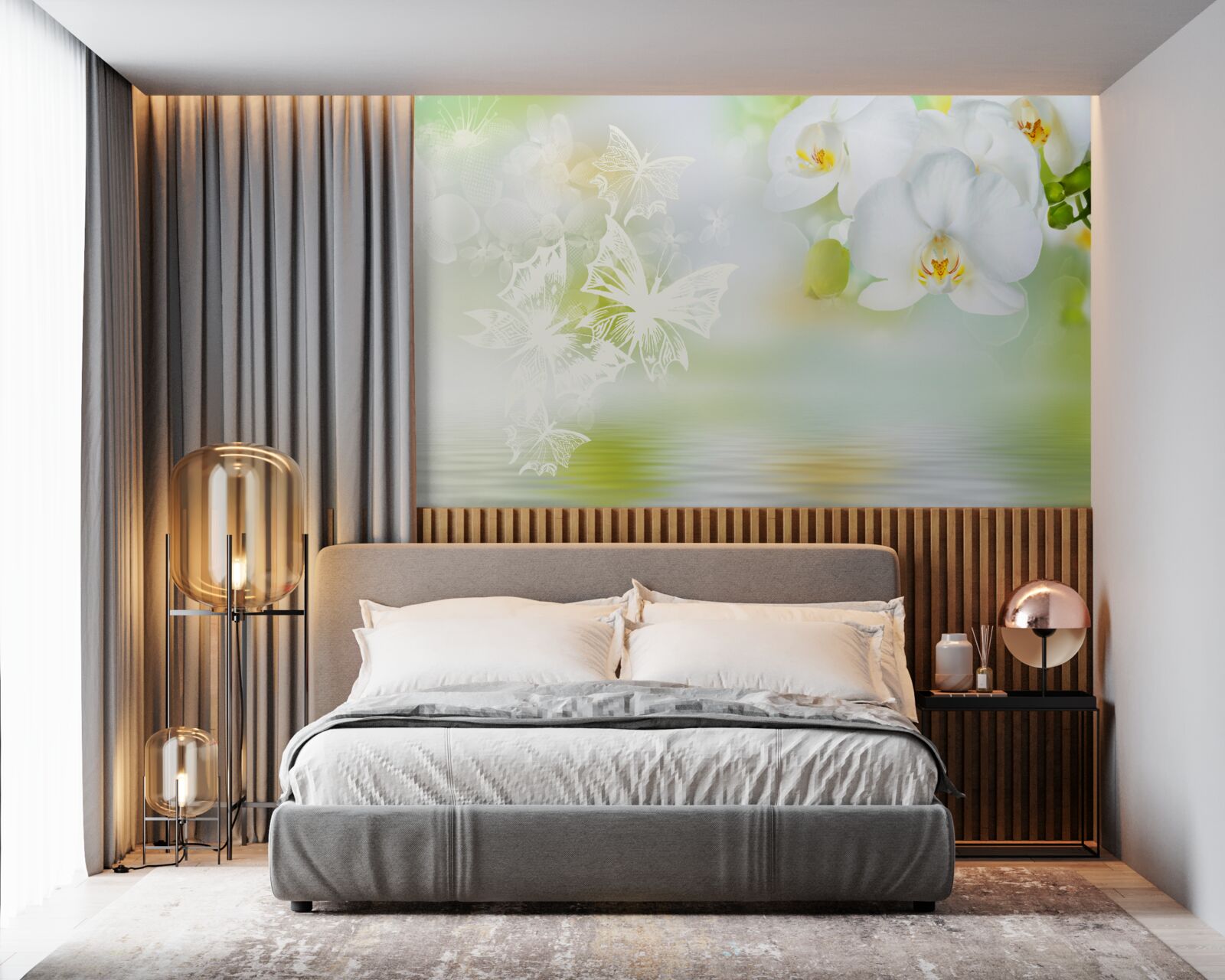 Fototapet Orhidee albe ca zăpada reflectate în apă