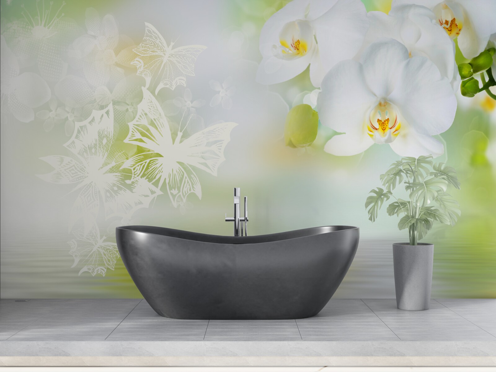 Fototapet Orhidee albe ca zăpada reflectate în apă