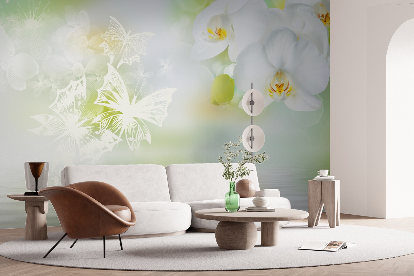 Fototapet Orhidee albe ca zăpada reflectate în apă