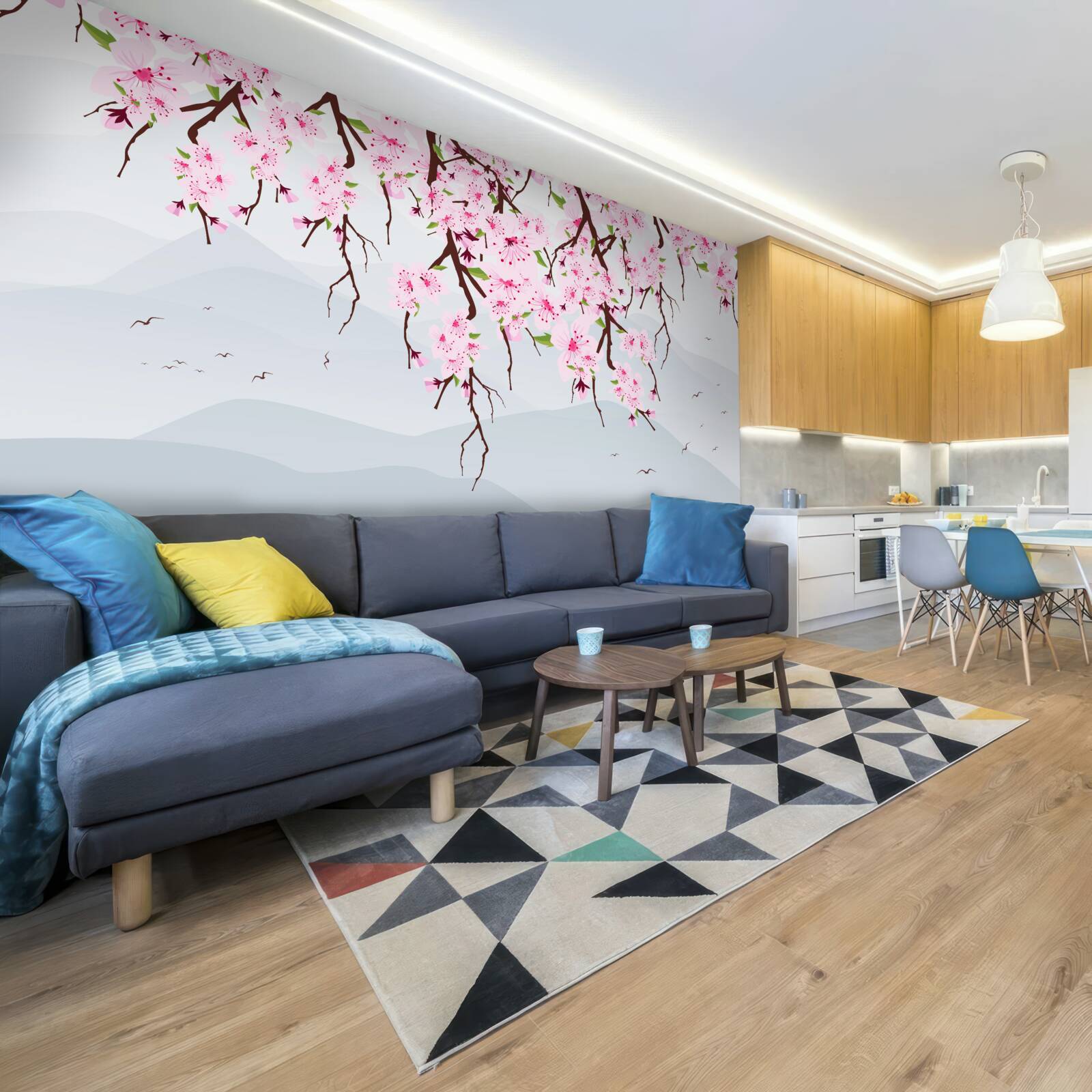 Fototapet sakura înflorind în fața unui peisaj de munți și apă