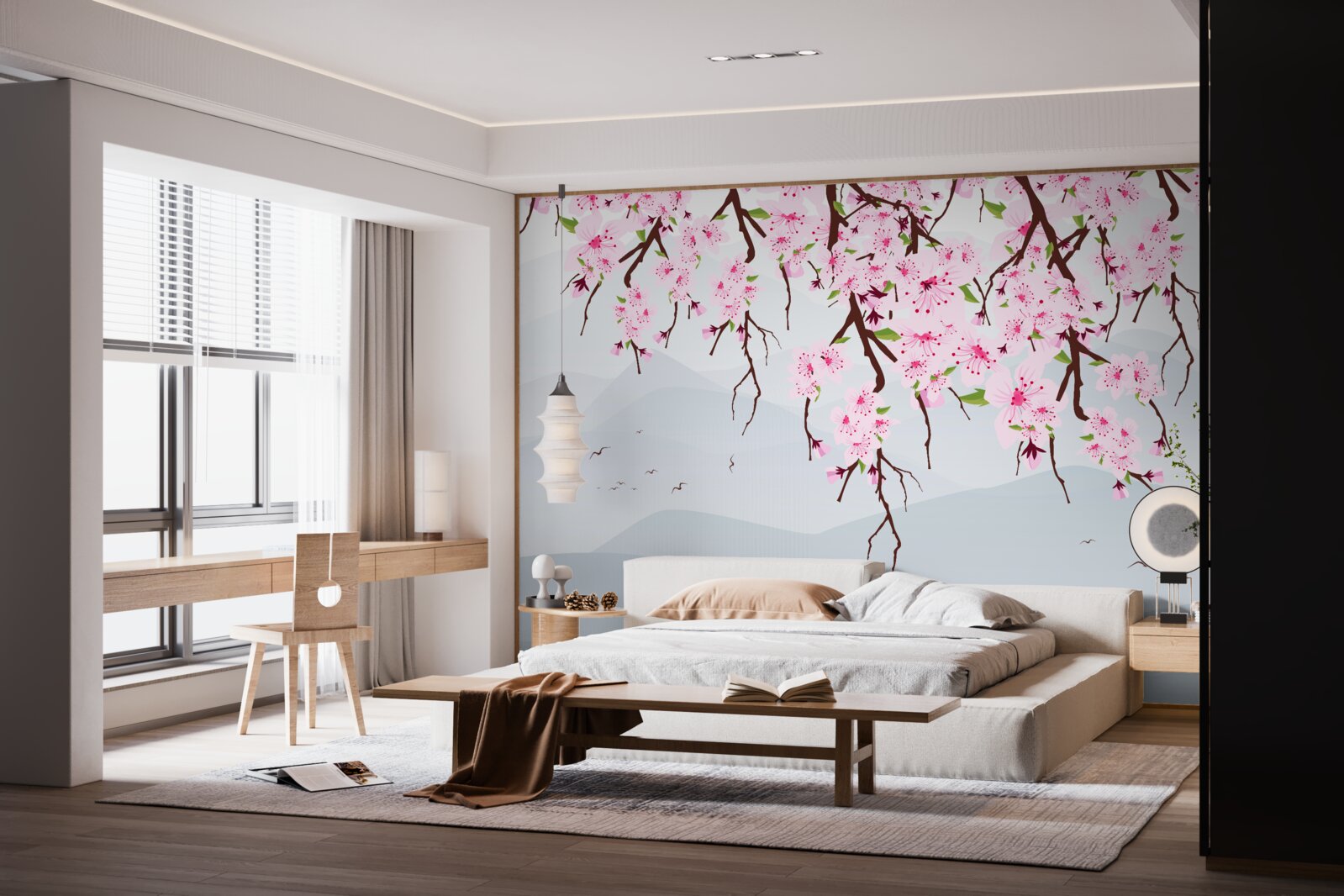 Fototapet sakura înflorind în fața unui peisaj de munți și apă