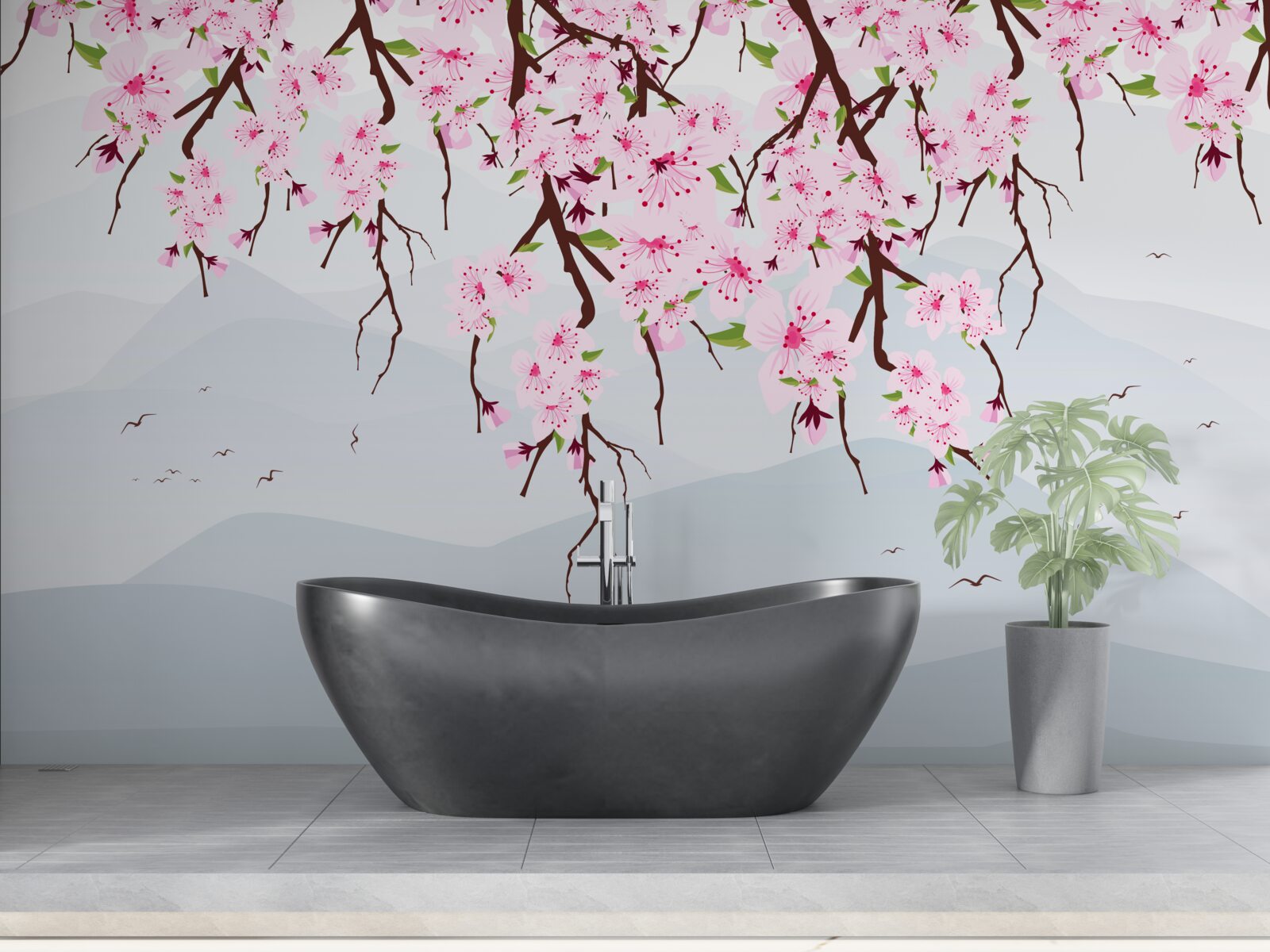 Fototapet sakura înflorind în fața unui peisaj de munți și apă